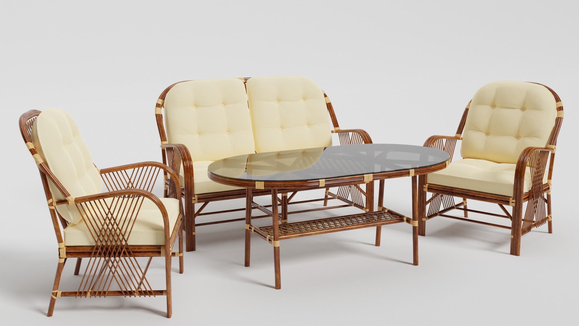 Bamboo Seating Group 4 Sets Low-poly 3D model_1