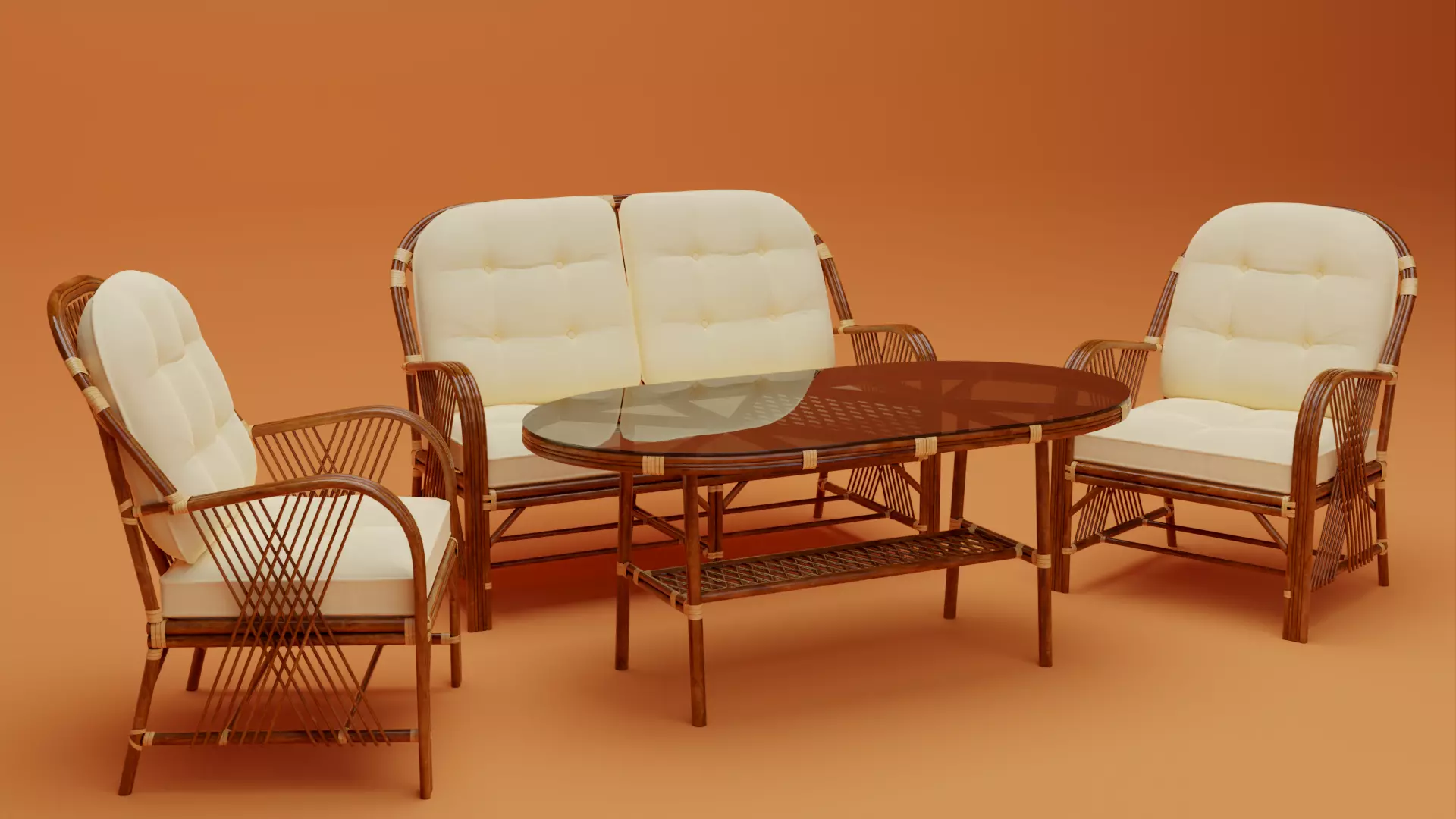 Bamboo Seating Group 4 Sets Low-poly 3D model_0