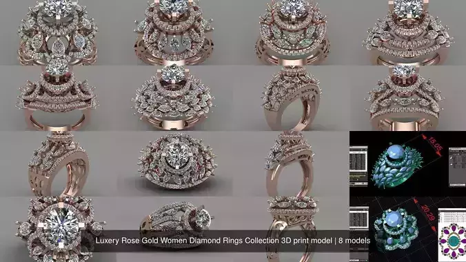 Luxery Rose Gold Women Diamond Rings Collection 3D print model 