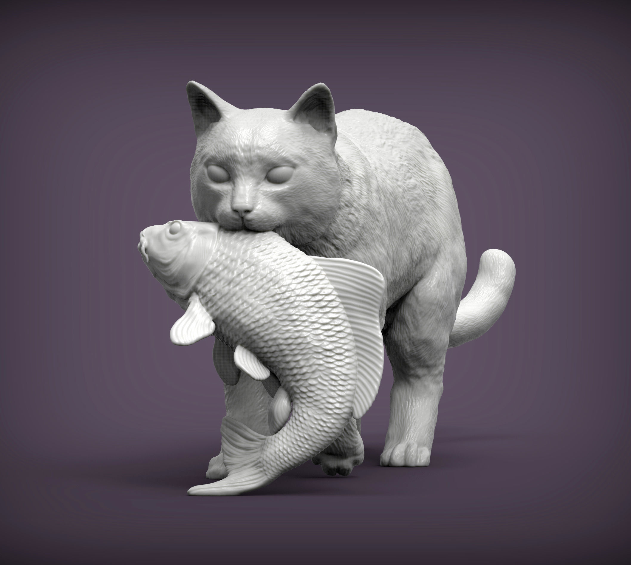cat with fish 3D print model_3