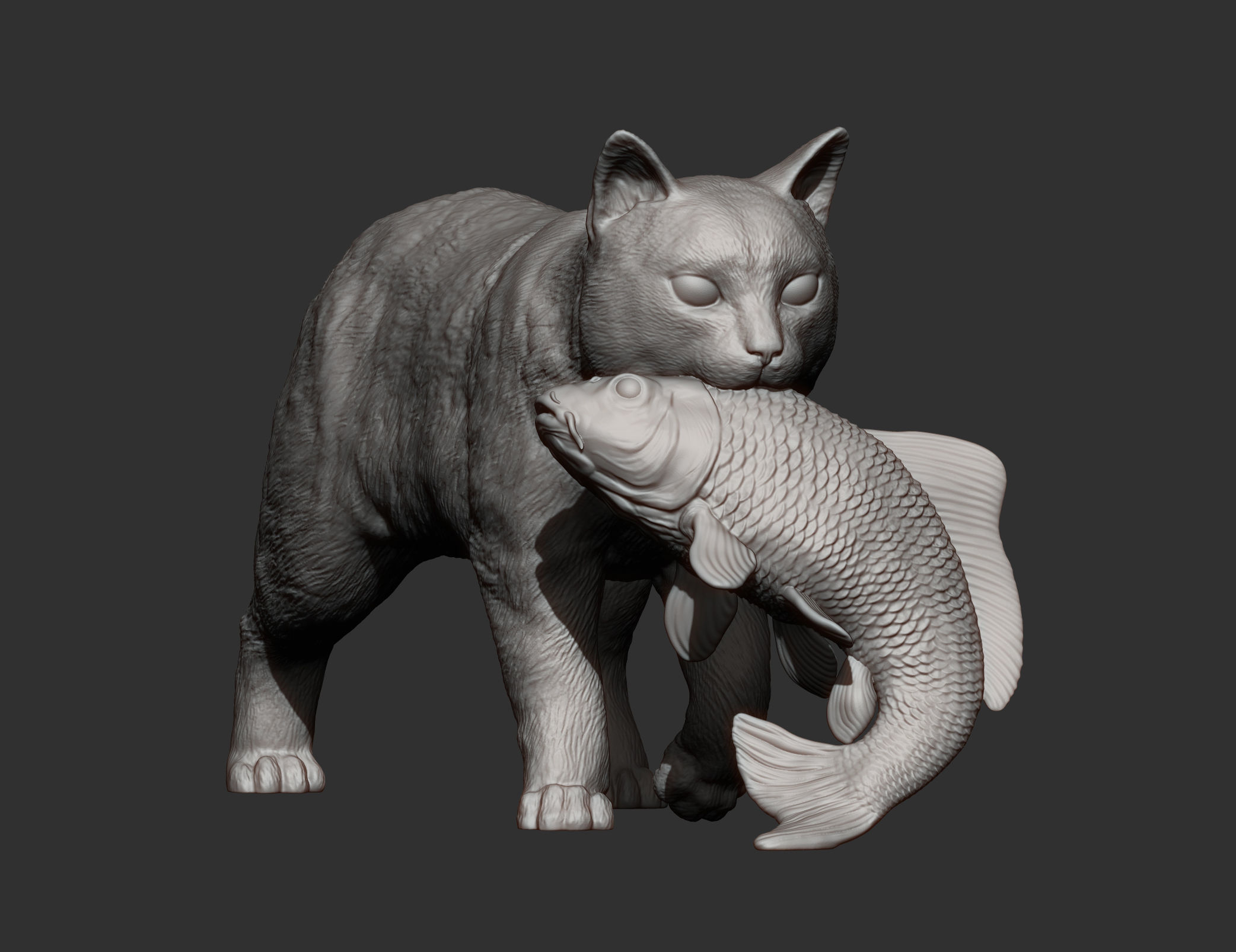 cat with fish 3D print model_12