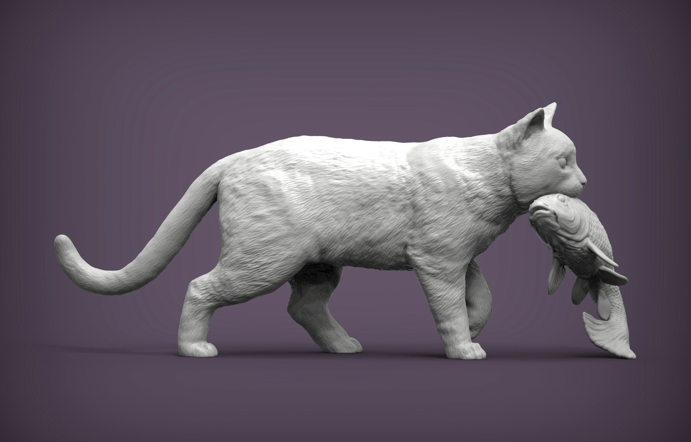 cat with fish 3D print model_2