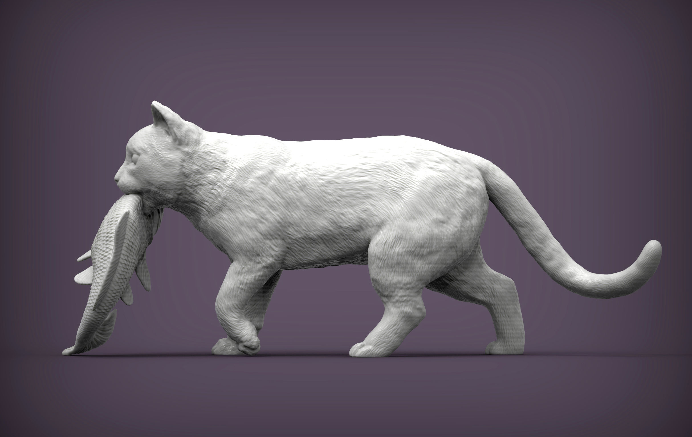 cat with fish 3D print model_5
