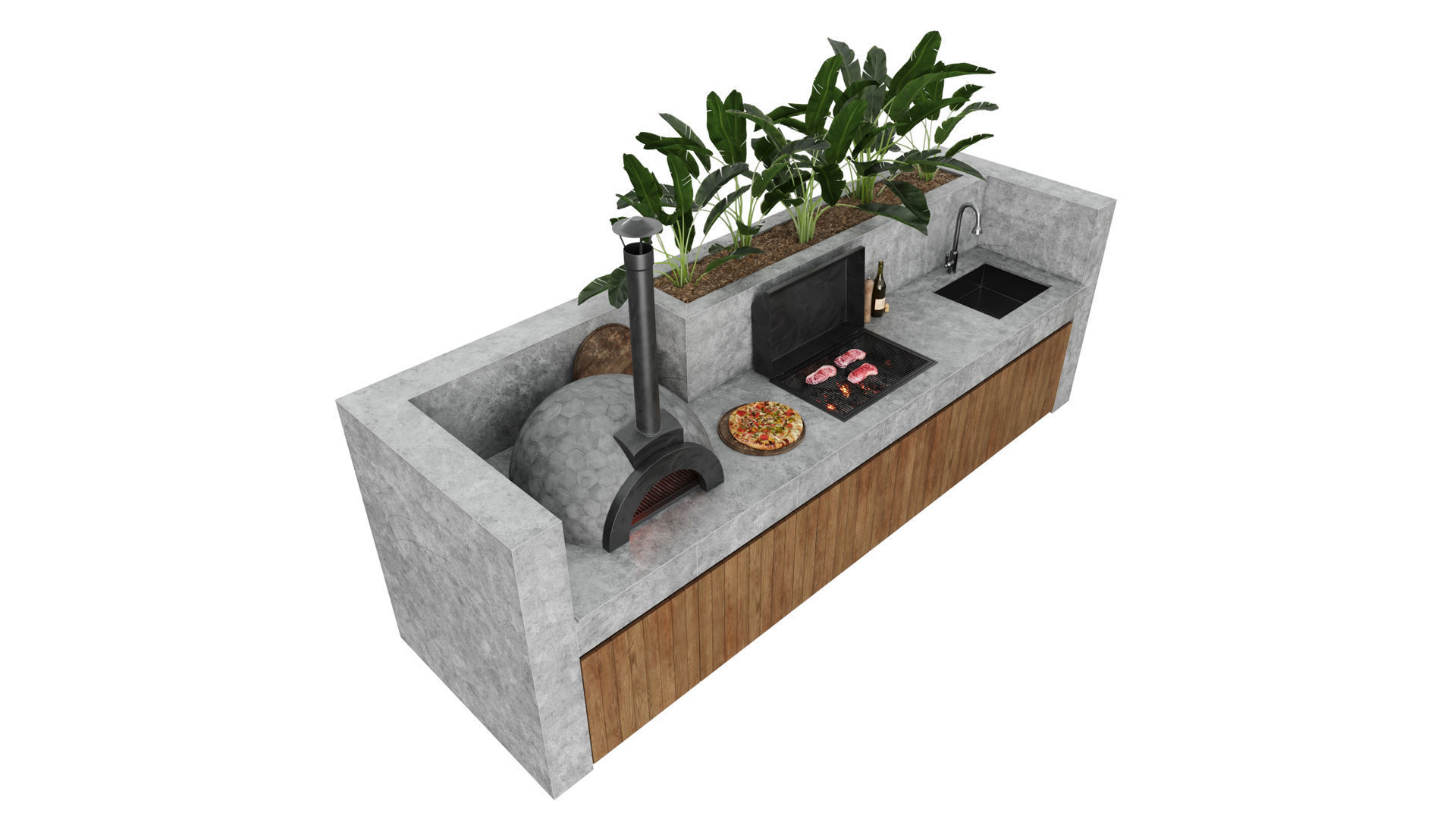 Outdoor Kitchen With Barbecue And Pizza Oven 3D model_3