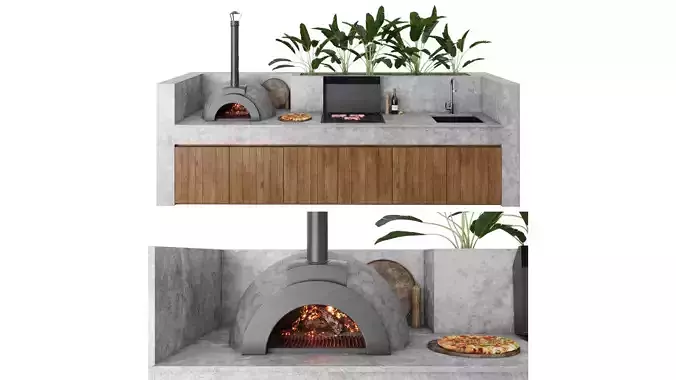 Outdoor Kitchen With Barbecue And Pizza Oven 3D model
