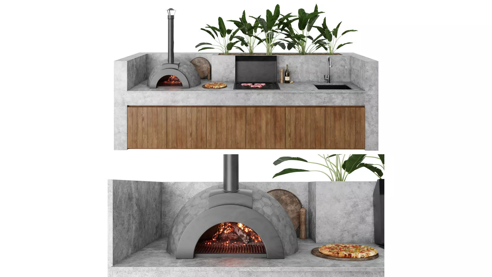 Outdoor Kitchen With Barbecue And Pizza Oven 3D model_0