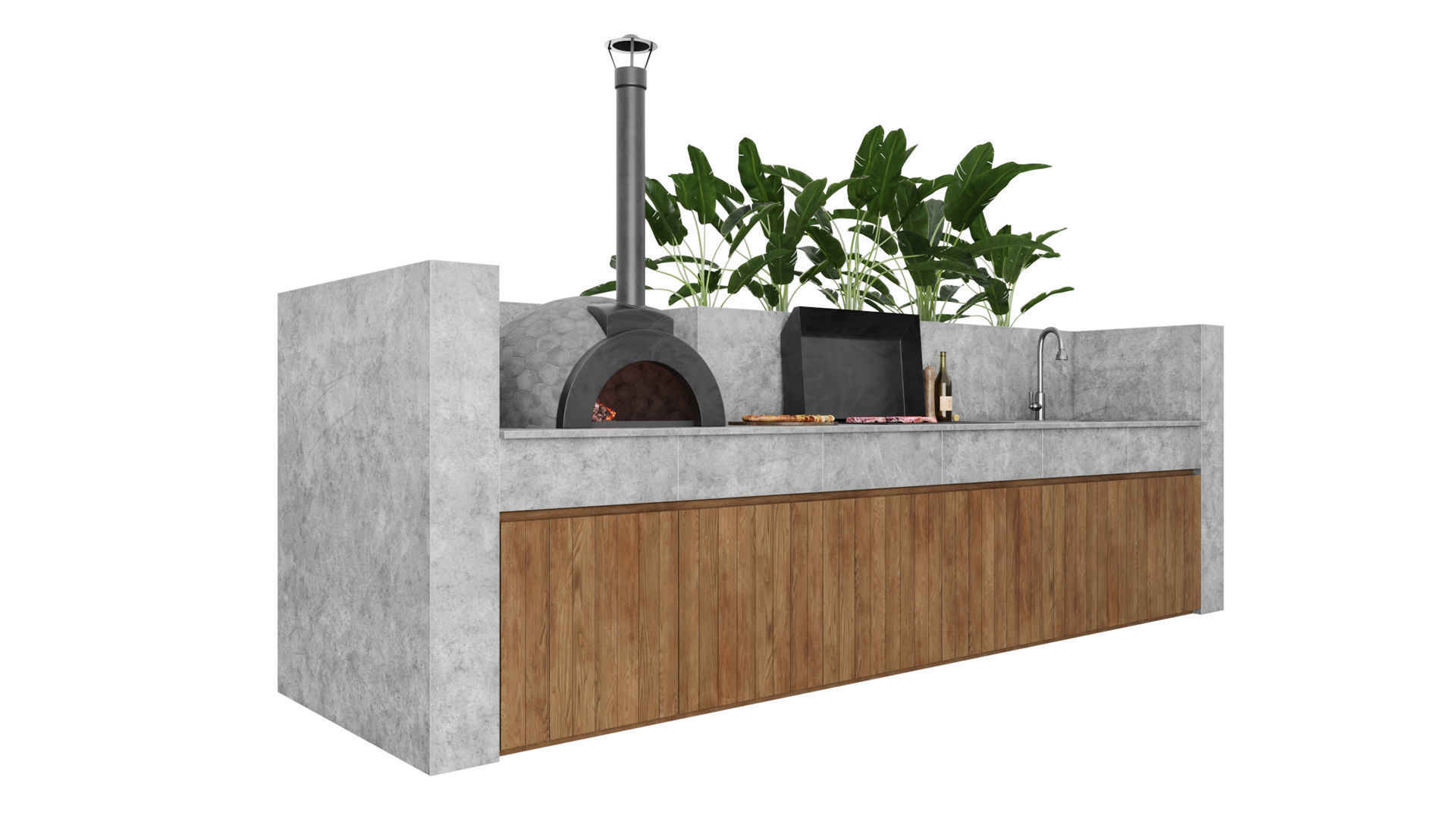 Outdoor Kitchen With Barbecue And Pizza Oven 3D model_17