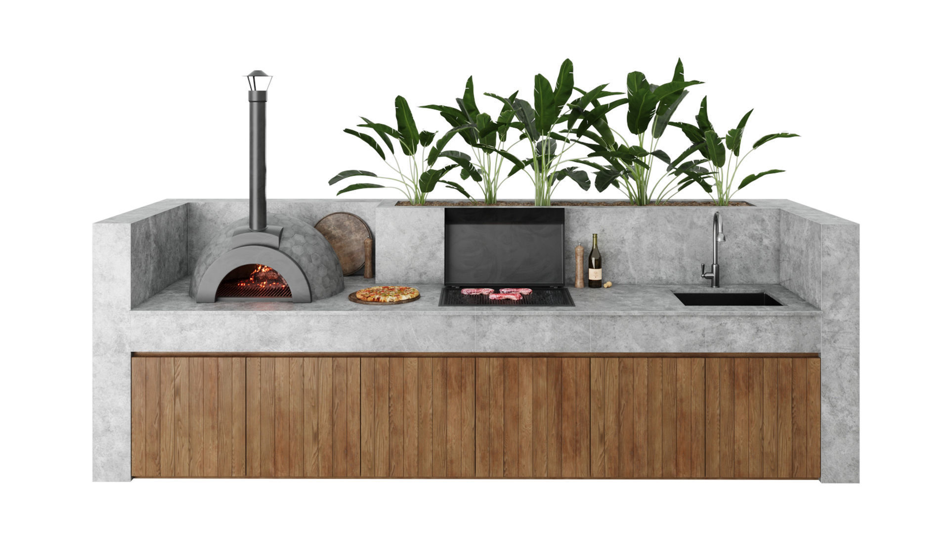 Outdoor Kitchen With Barbecue And Pizza Oven 3D model_1