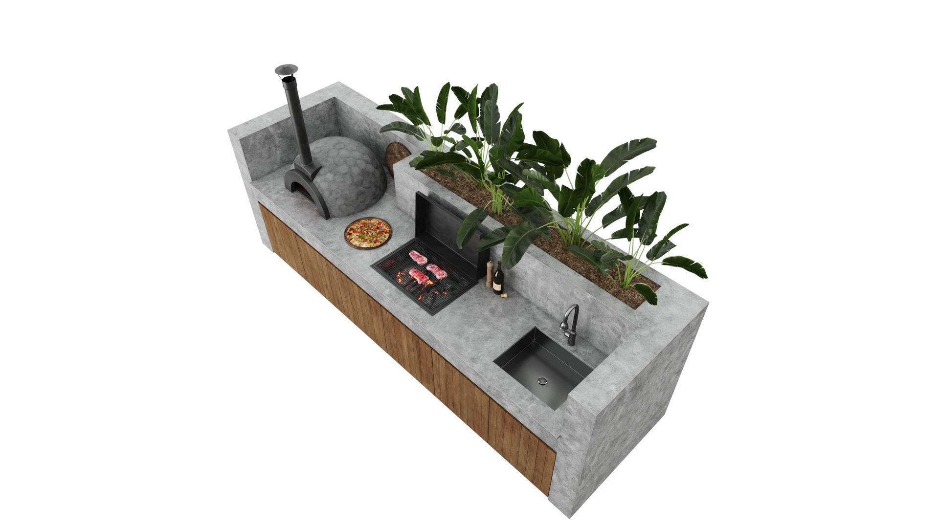 Outdoor Kitchen With Barbecue And Pizza Oven 3D model_2