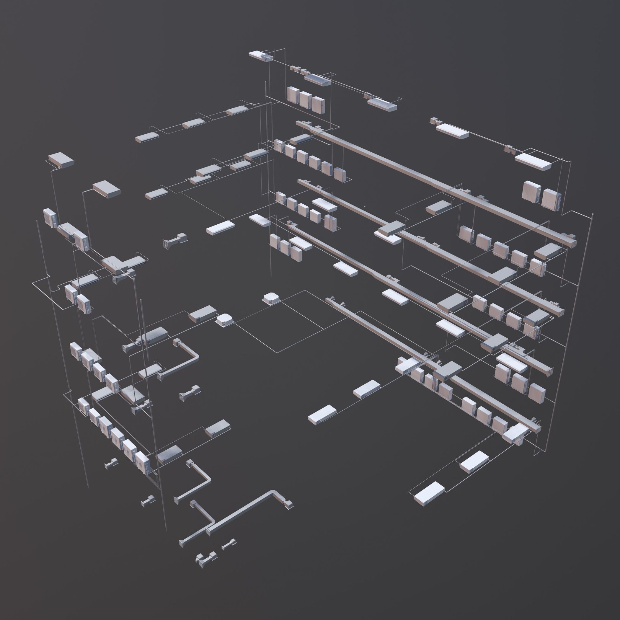 Air conditioning and piping system in building 3D model_3