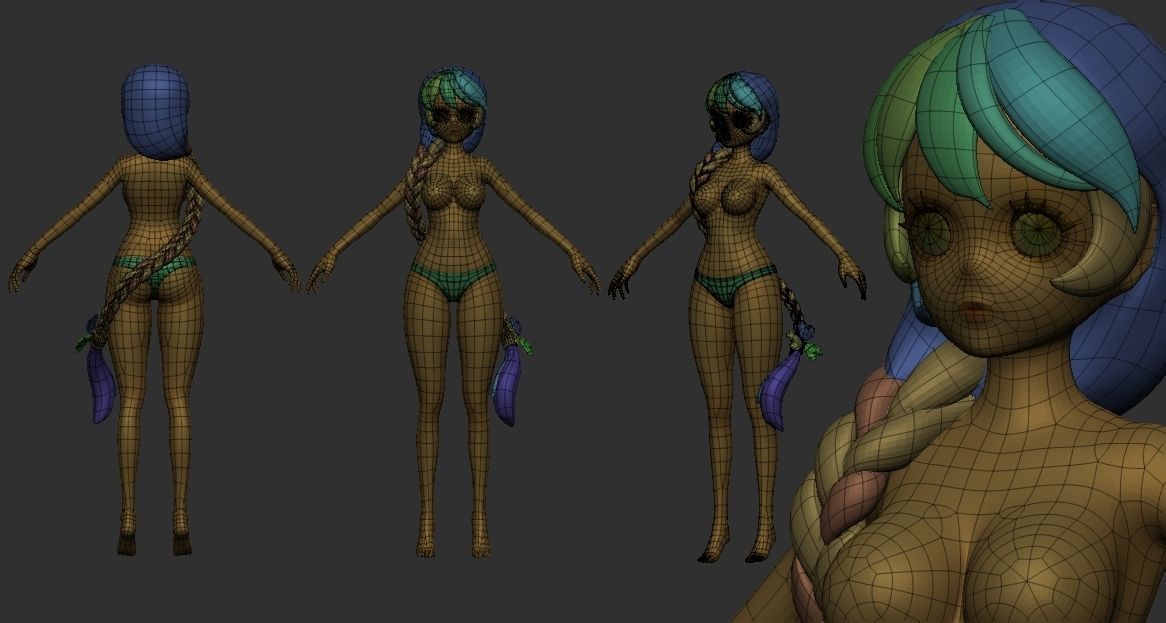 5 Base Meshes Girl Character High and Low-poly 3D model_11