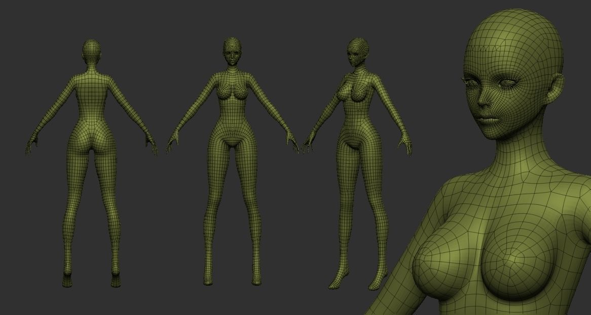 5 Base Meshes Girl Character High and Low-poly 3D model_5