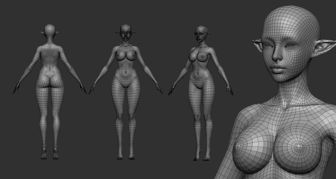 5 Base Meshes Girl Character High and Low-poly 3D model_7