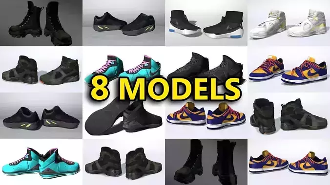 Sneakers and Boots Male 3D Model Collection - 8 Models 