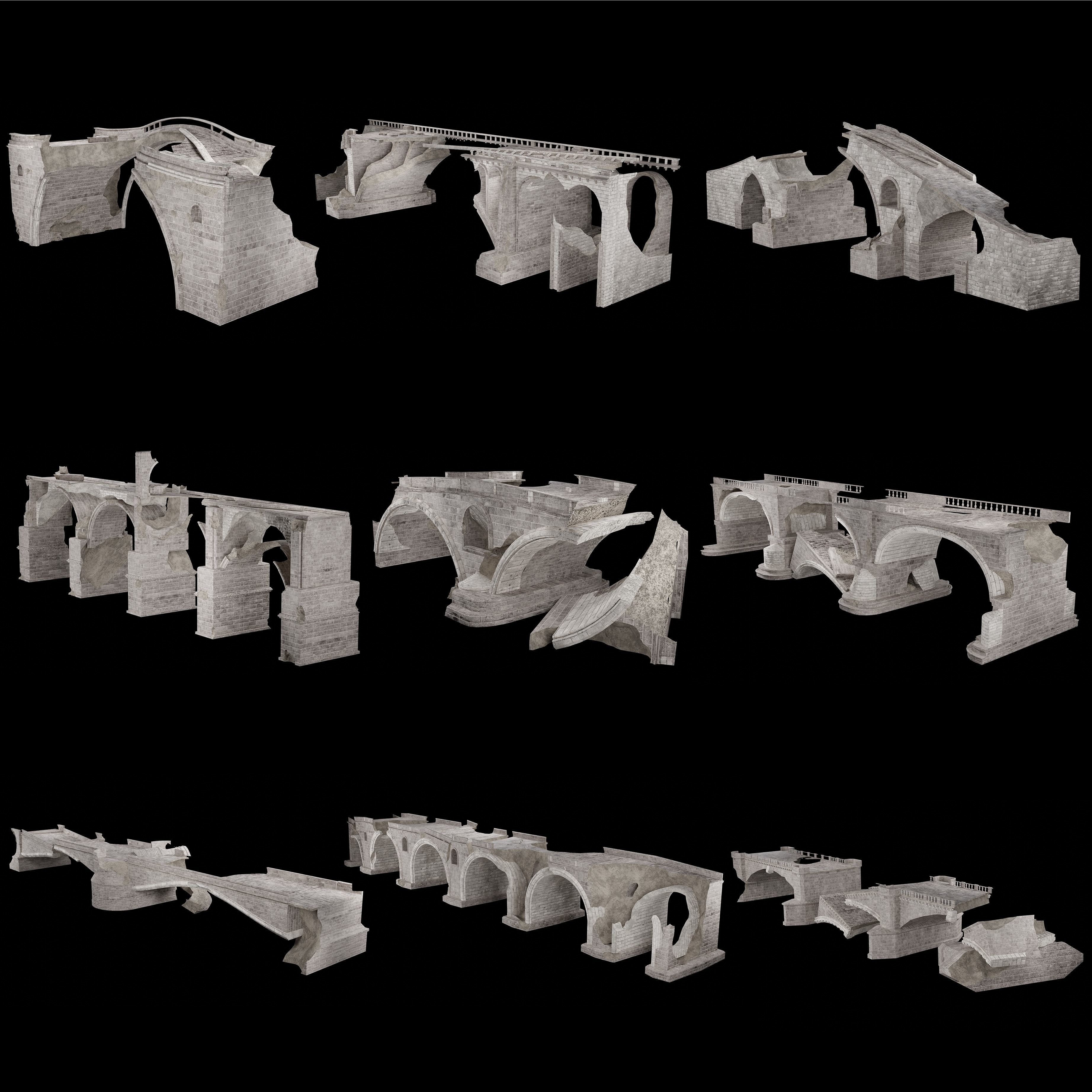 DESTROYED BRIDGE ROMAN GREEK ANCIENT ROAD OLD STONE COLLECTION Low-poly 3D model_37