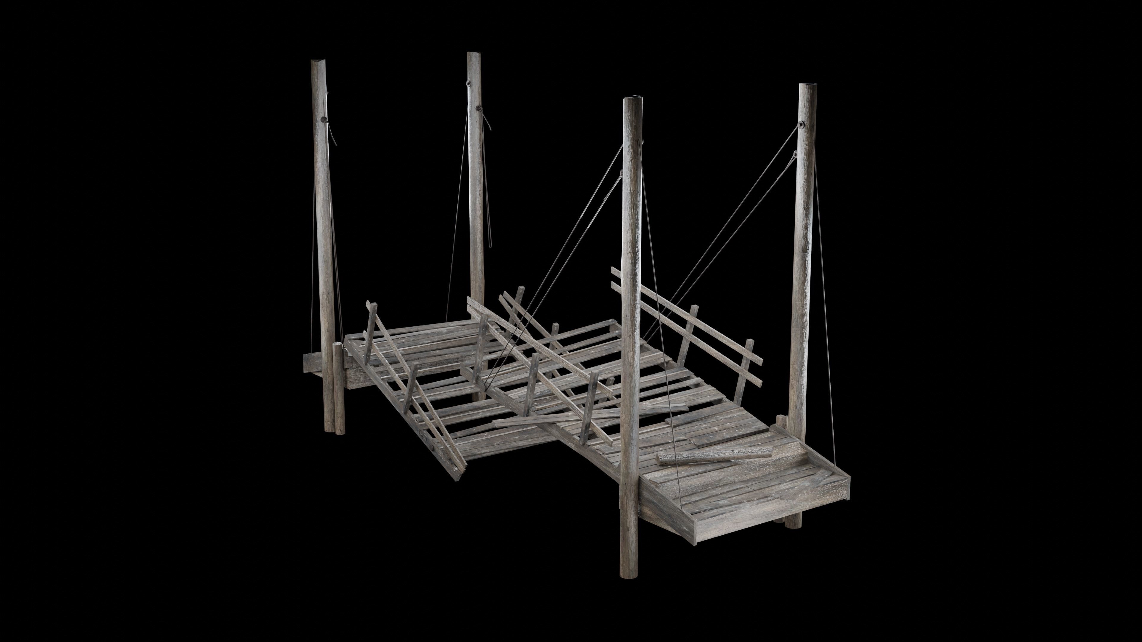 DESTROYED WOODEN BRIDGE MEDIEVAL FANTASY ROAD OLD COLLECTION Low-poly 3D model_1