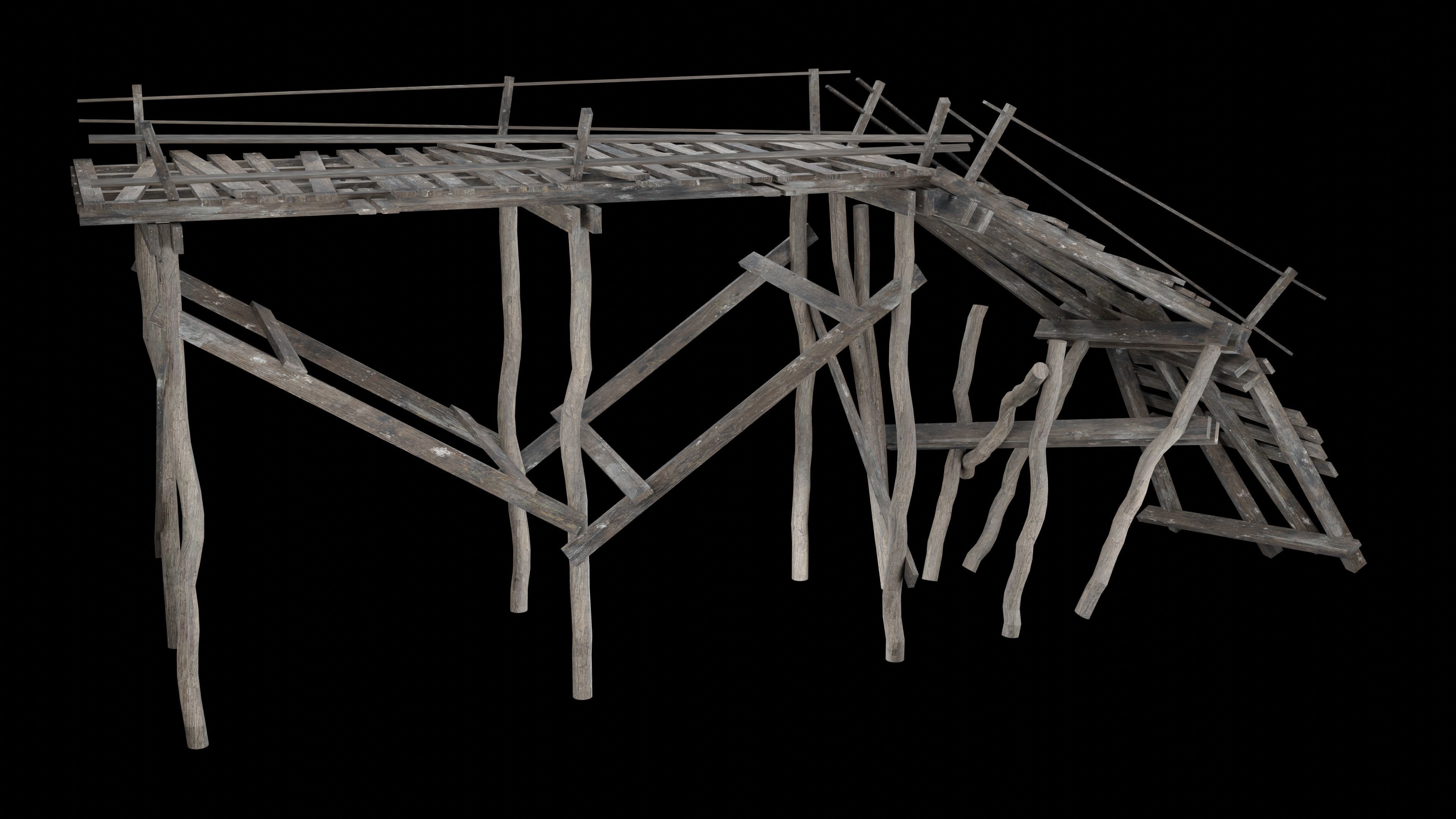 DESTROYED WOODEN BRIDGE MEDIEVAL FANTASY ROAD OLD COLLECTION Low-poly 3D model_15