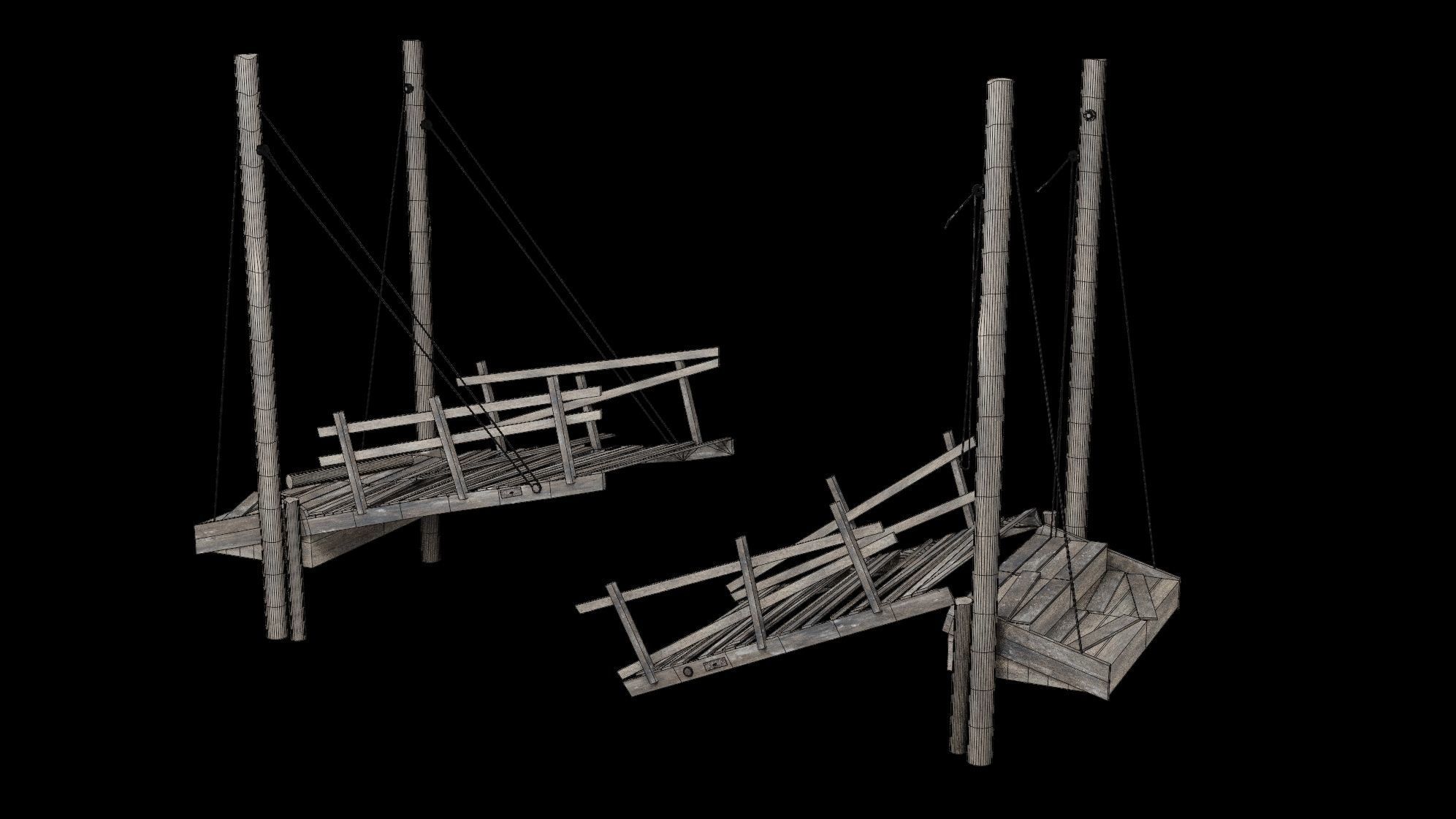 DESTROYED WOODEN BRIDGE MEDIEVAL FANTASY ROAD OLD COLLECTION Low-poly 3D model_28