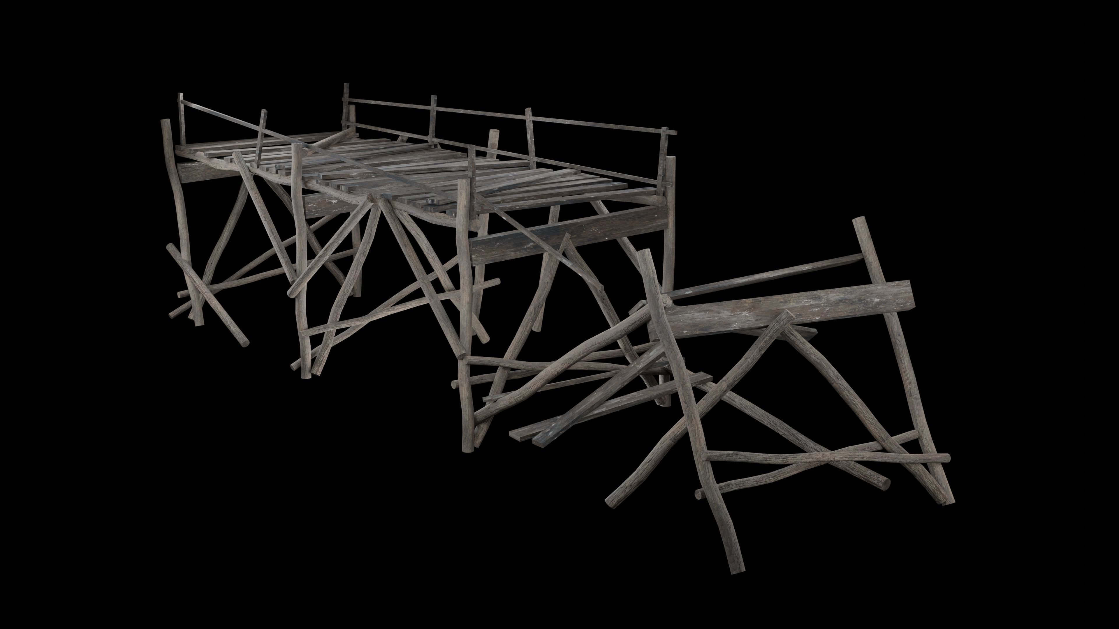 DESTROYED WOODEN BRIDGE MEDIEVAL FANTASY ROAD OLD COLLECTION Low-poly 3D model_7