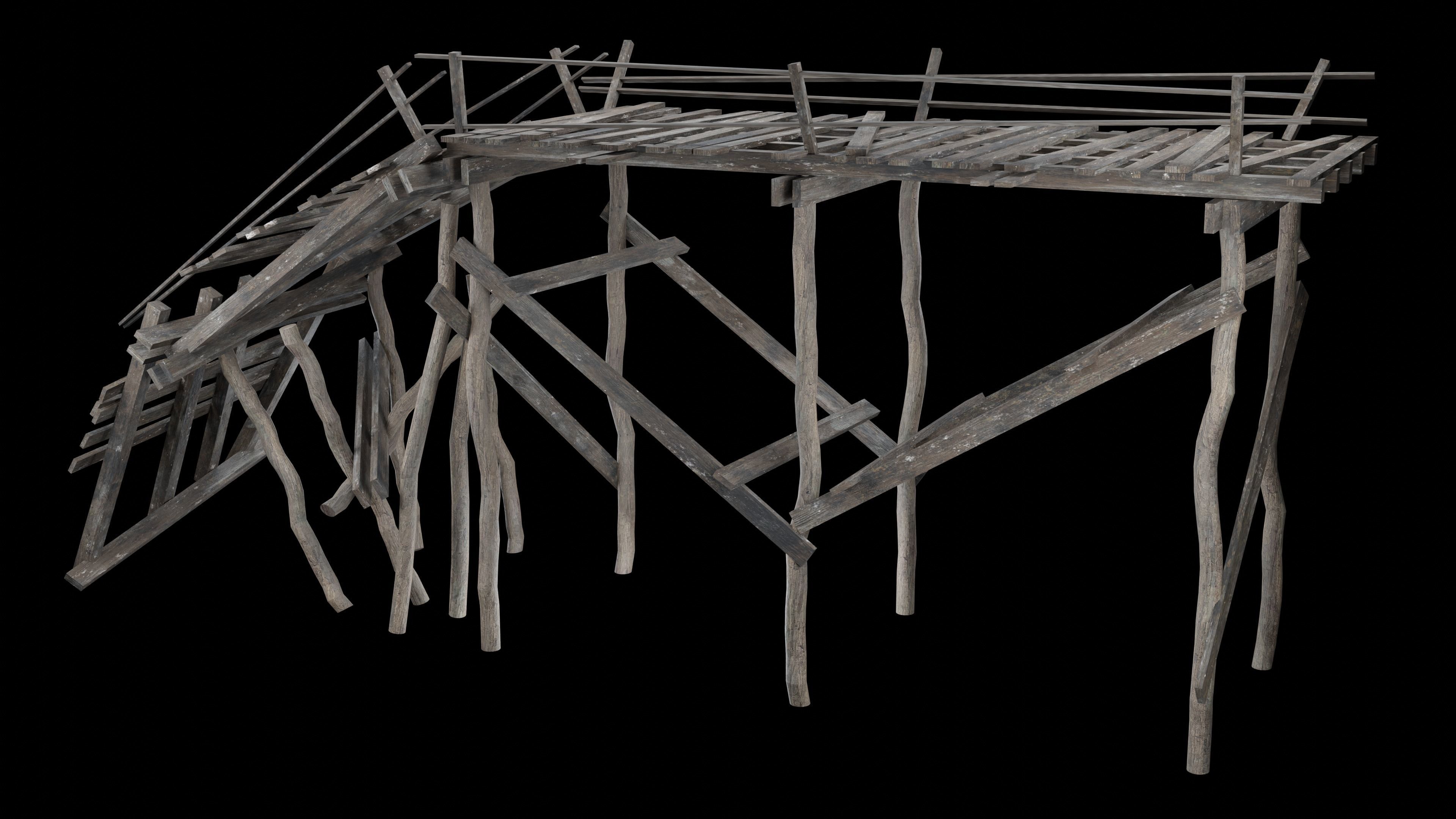 DESTROYED WOODEN BRIDGE MEDIEVAL FANTASY ROAD OLD COLLECTION Low-poly 3D model_24