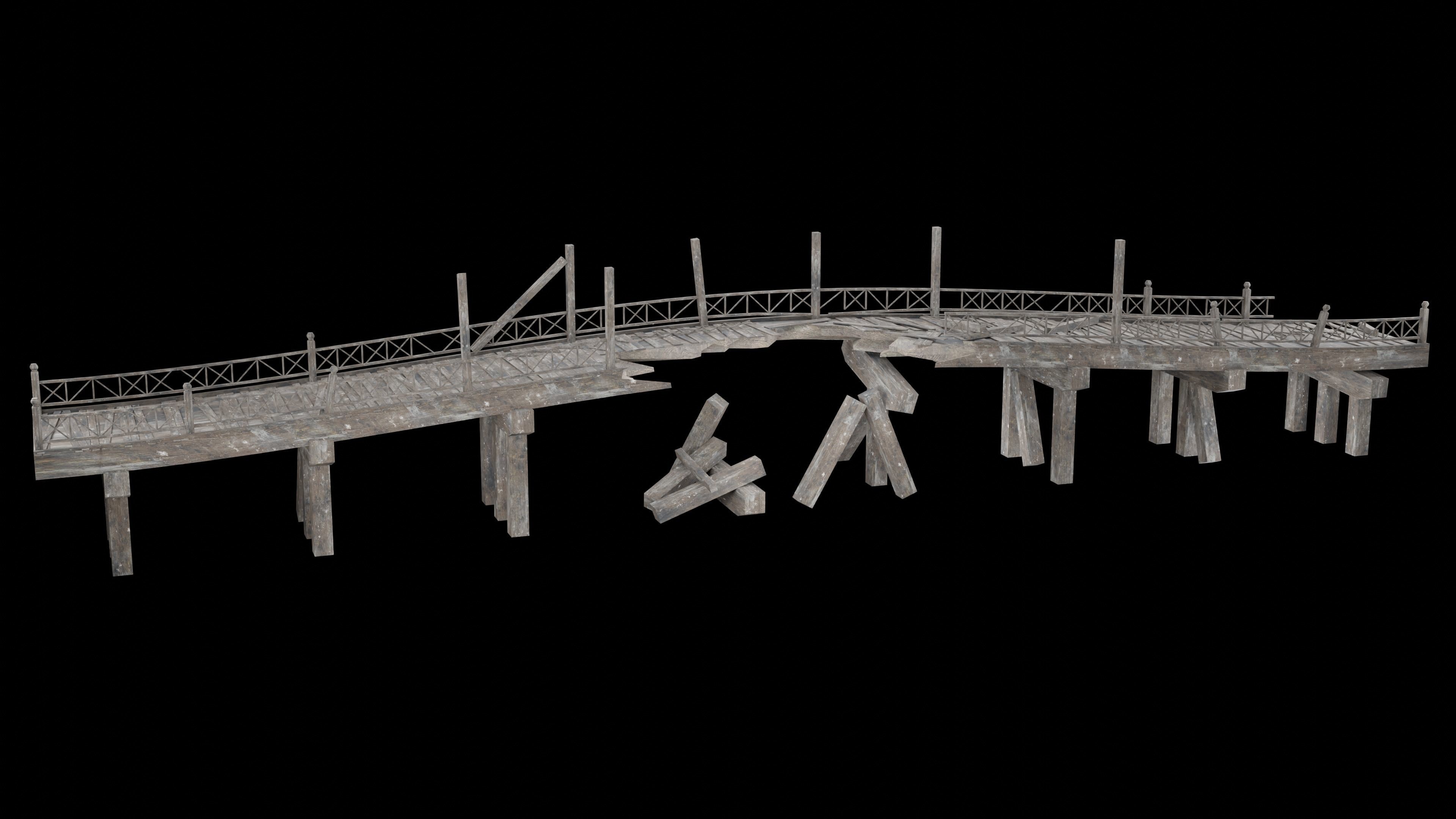 DESTROYED WOODEN BRIDGE MEDIEVAL FANTASY ROAD OLD COLLECTION Low-poly 3D model_14
