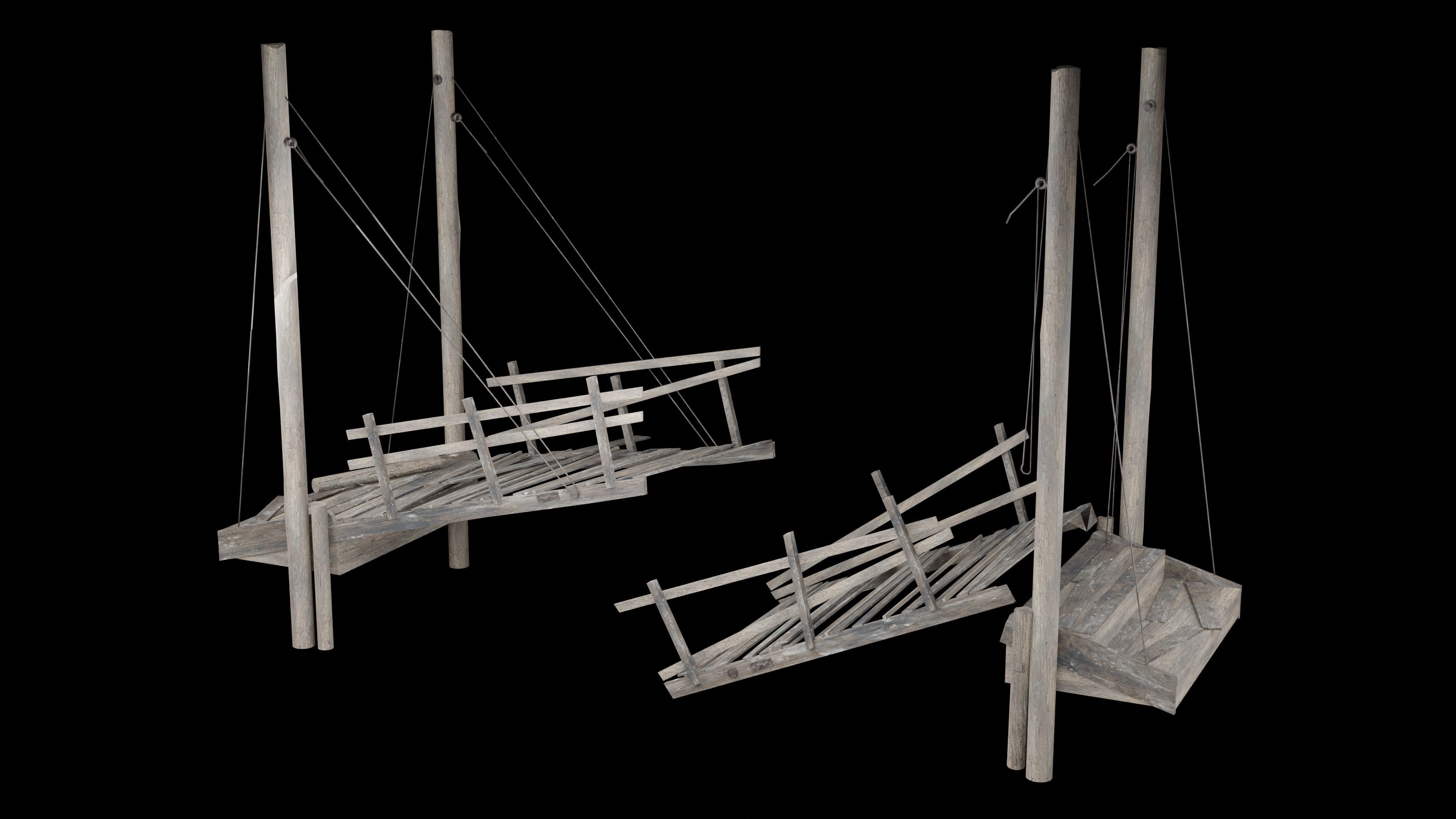 DESTROYED WOODEN BRIDGE MEDIEVAL FANTASY ROAD OLD COLLECTION Low-poly 3D model_19