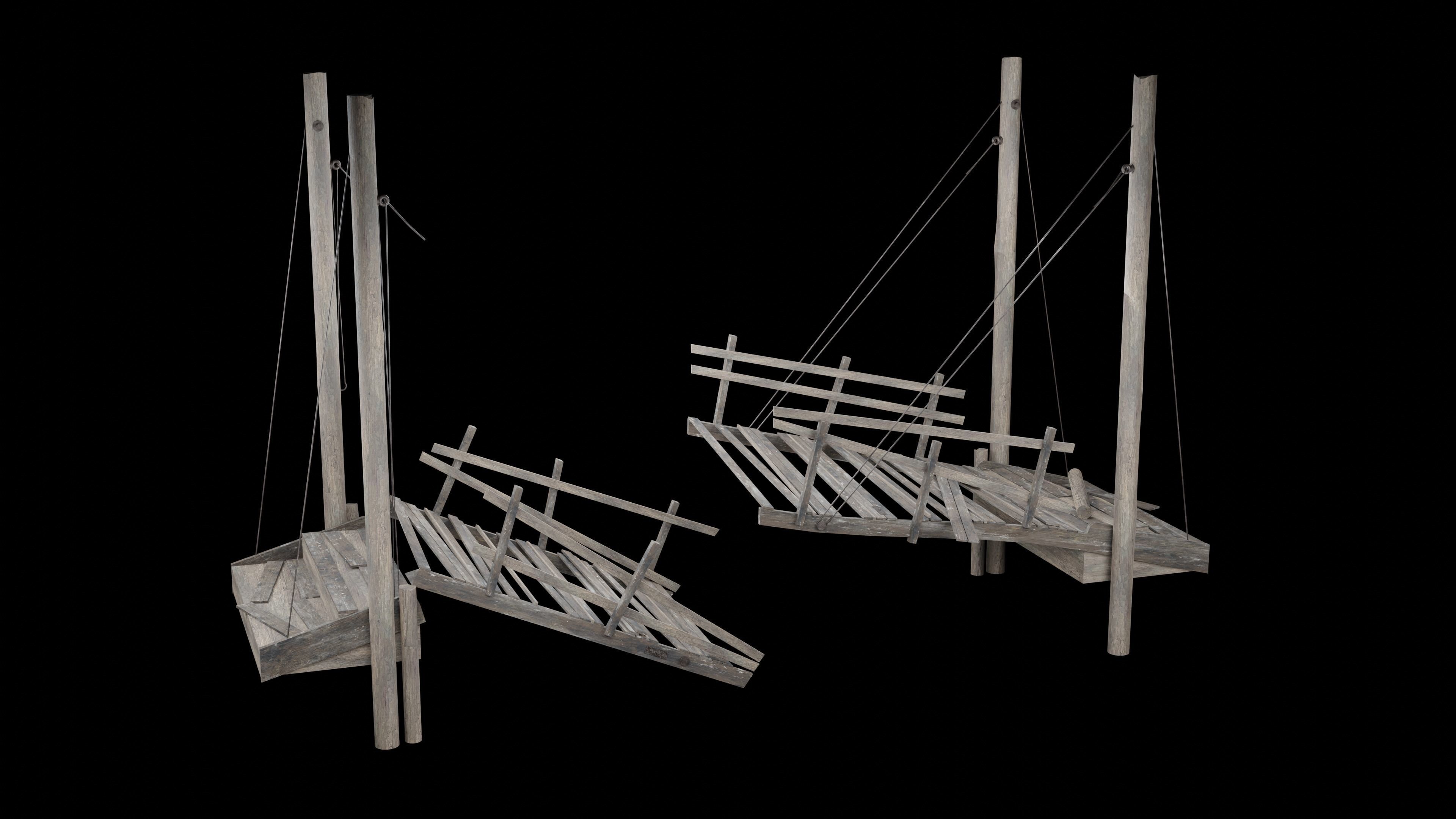 DESTROYED WOODEN BRIDGE MEDIEVAL FANTASY ROAD OLD COLLECTION Low-poly 3D model_10
