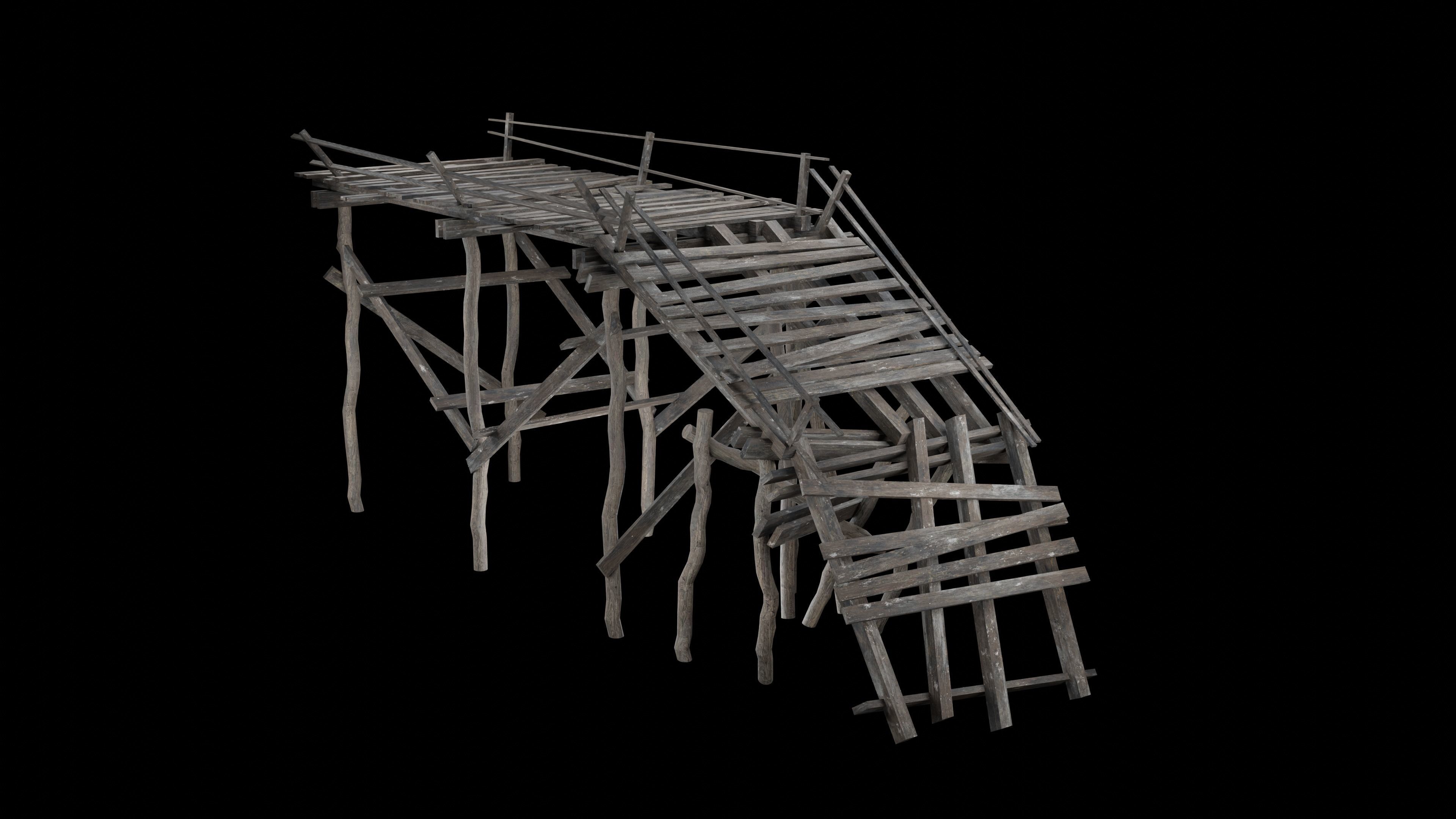 DESTROYED WOODEN BRIDGE MEDIEVAL FANTASY ROAD OLD COLLECTION Low-poly 3D model_6