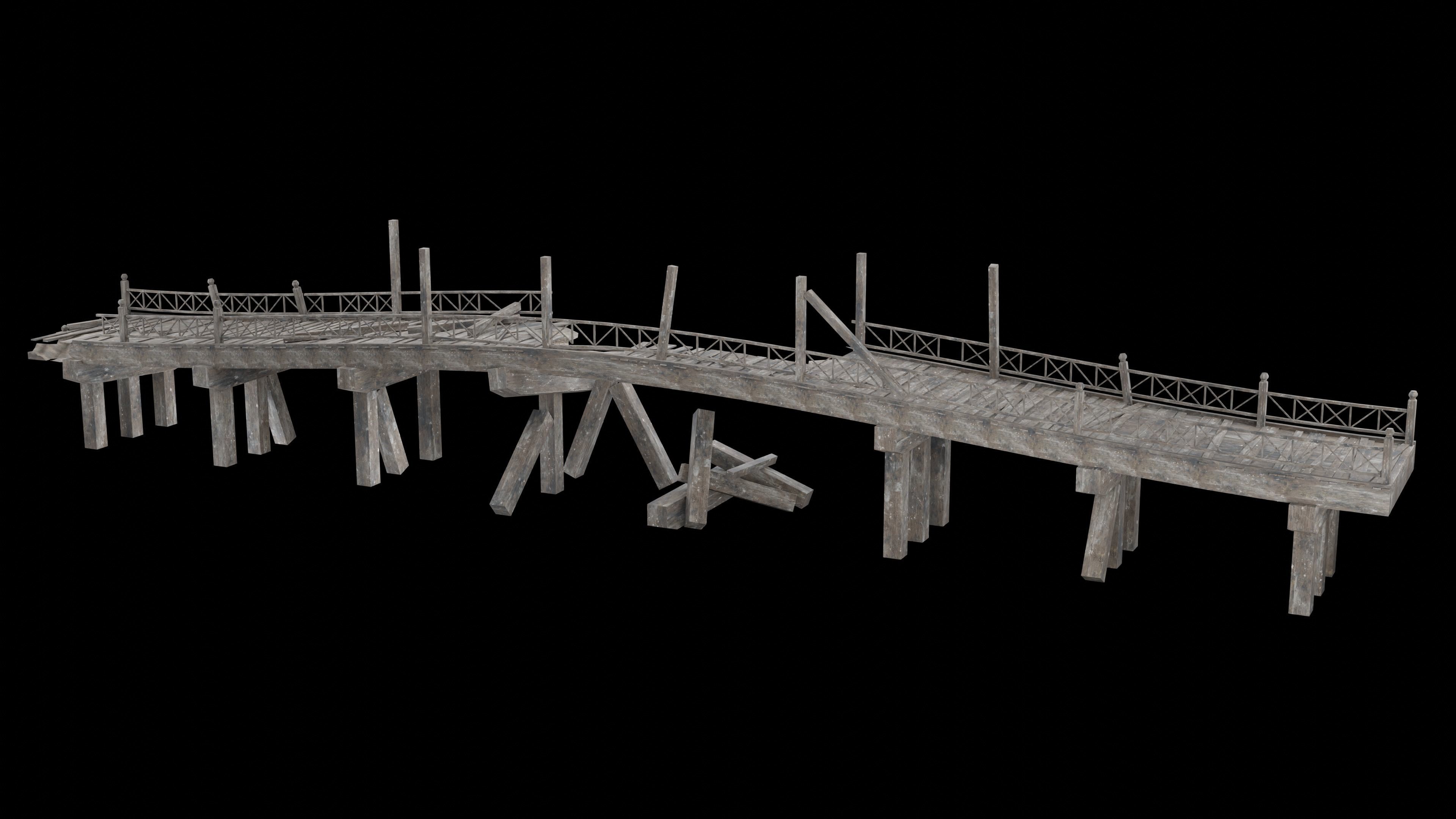 DESTROYED WOODEN BRIDGE MEDIEVAL FANTASY ROAD OLD COLLECTION Low-poly 3D model_23