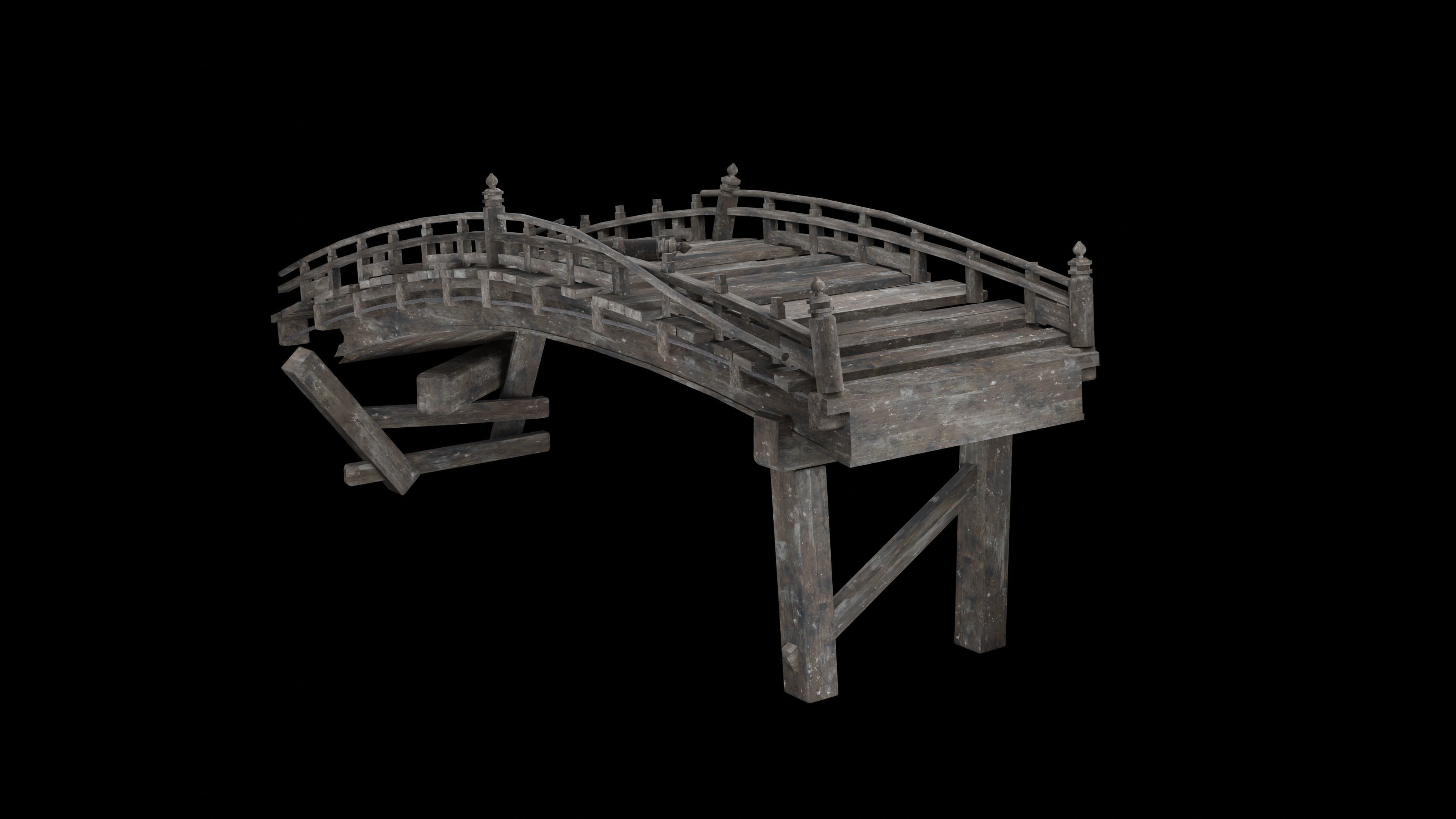 DESTROYED WOODEN BRIDGE MEDIEVAL FANTASY ROAD OLD COLLECTION Low-poly 3D model_3