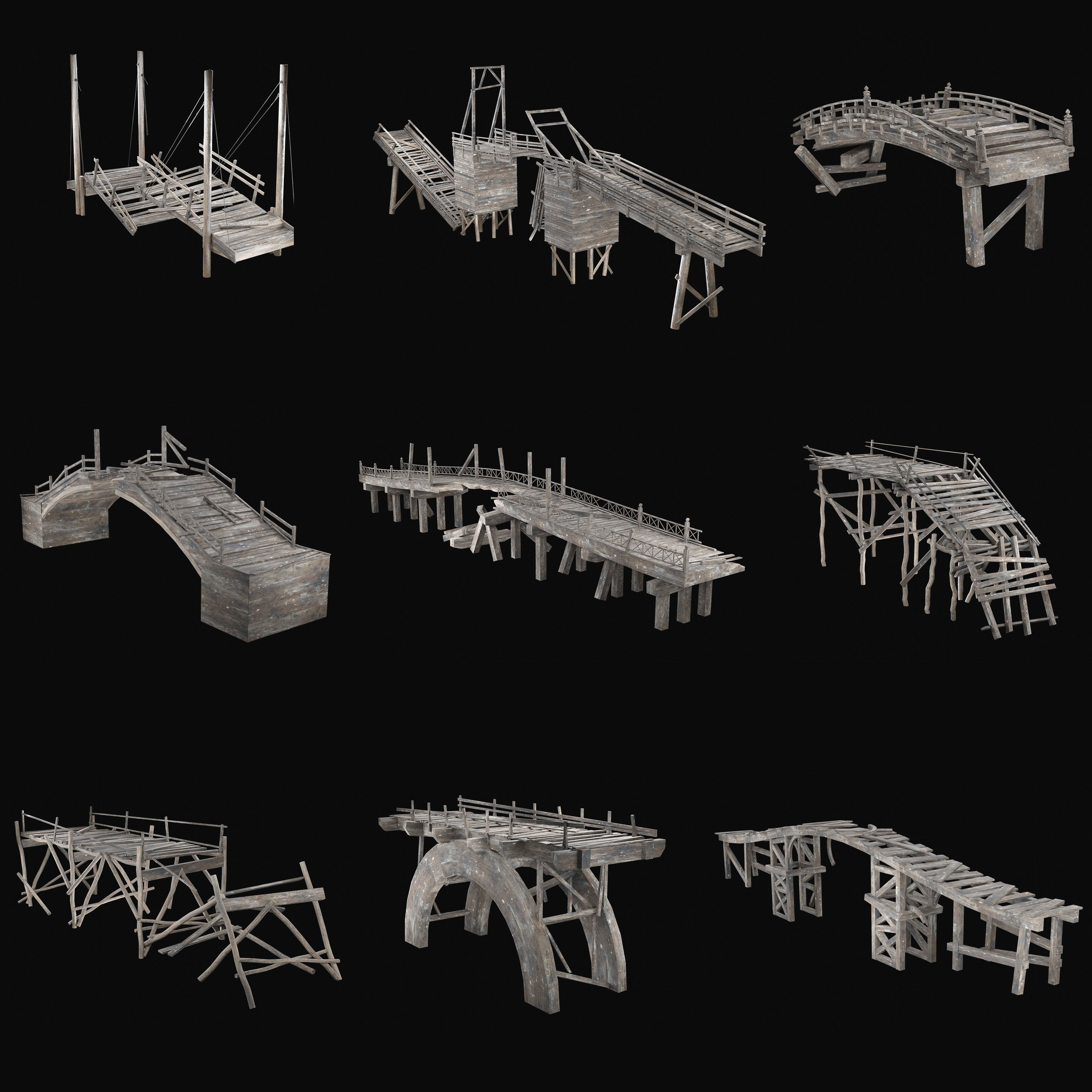 DESTROYED WOODEN BRIDGE MEDIEVAL FANTASY ROAD OLD COLLECTION Low-poly 3D model_37