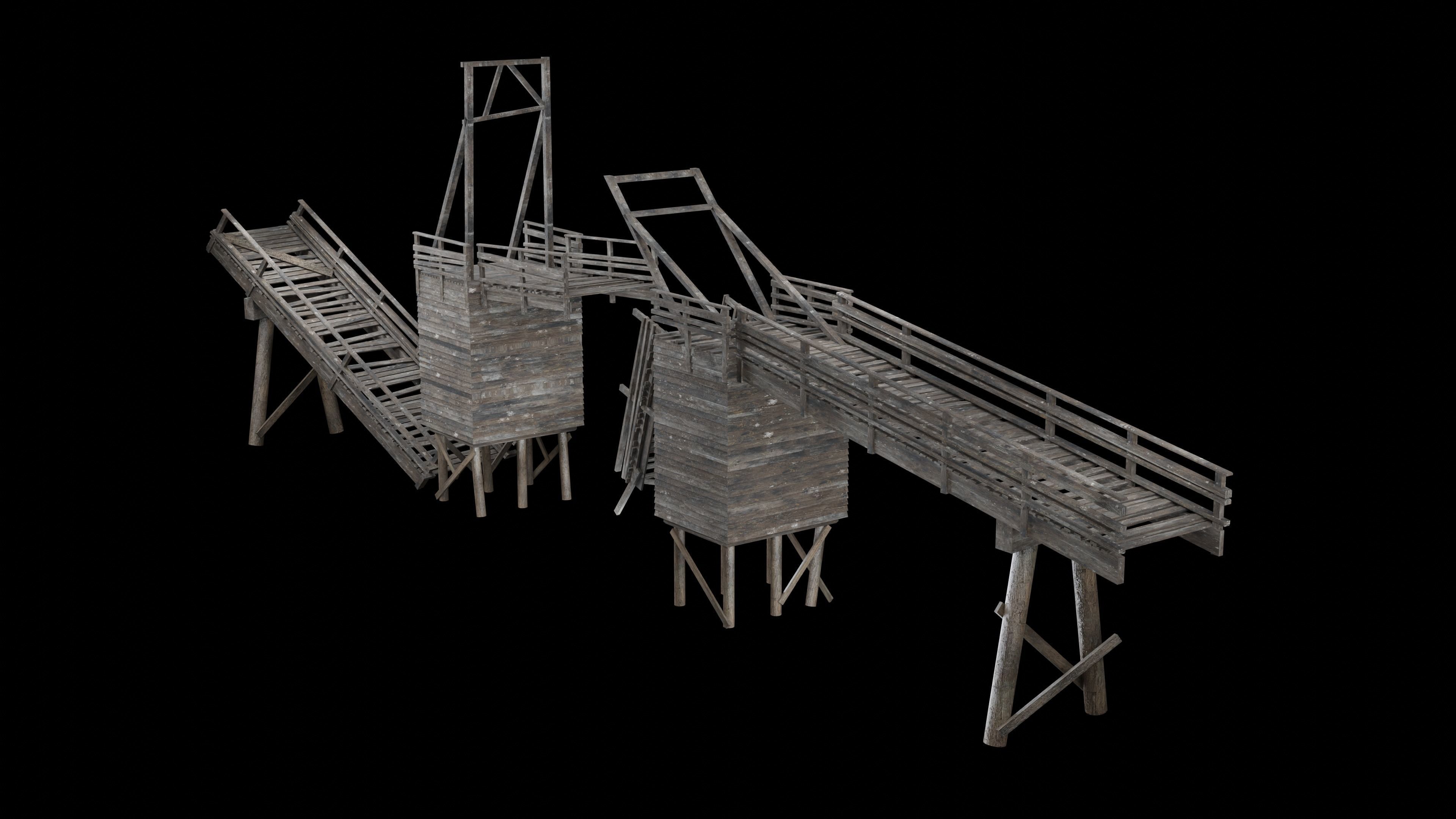 DESTROYED WOODEN BRIDGE MEDIEVAL FANTASY ROAD OLD COLLECTION Low-poly 3D model_2