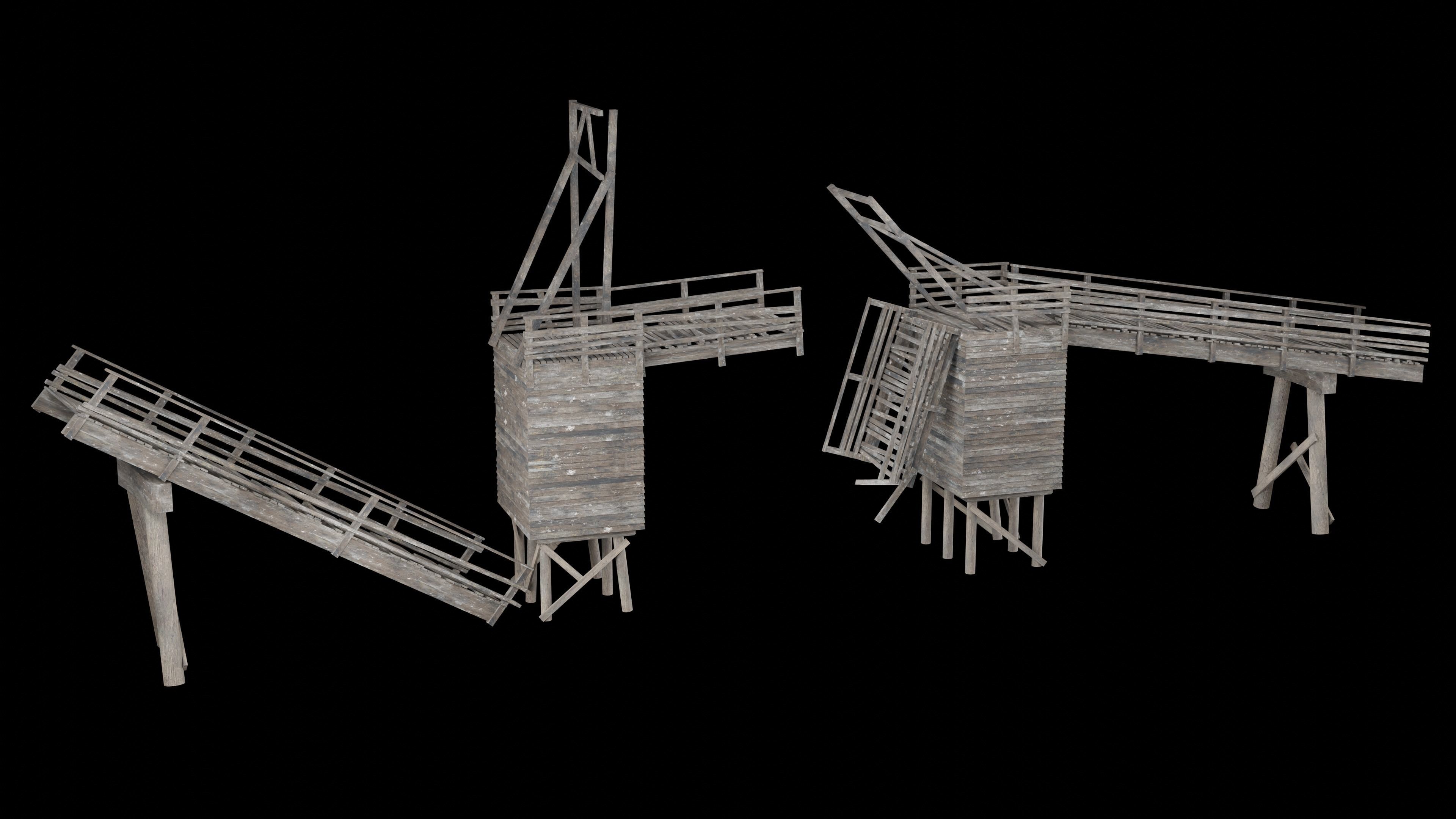 DESTROYED WOODEN BRIDGE MEDIEVAL FANTASY ROAD OLD COLLECTION Low-poly 3D model_11