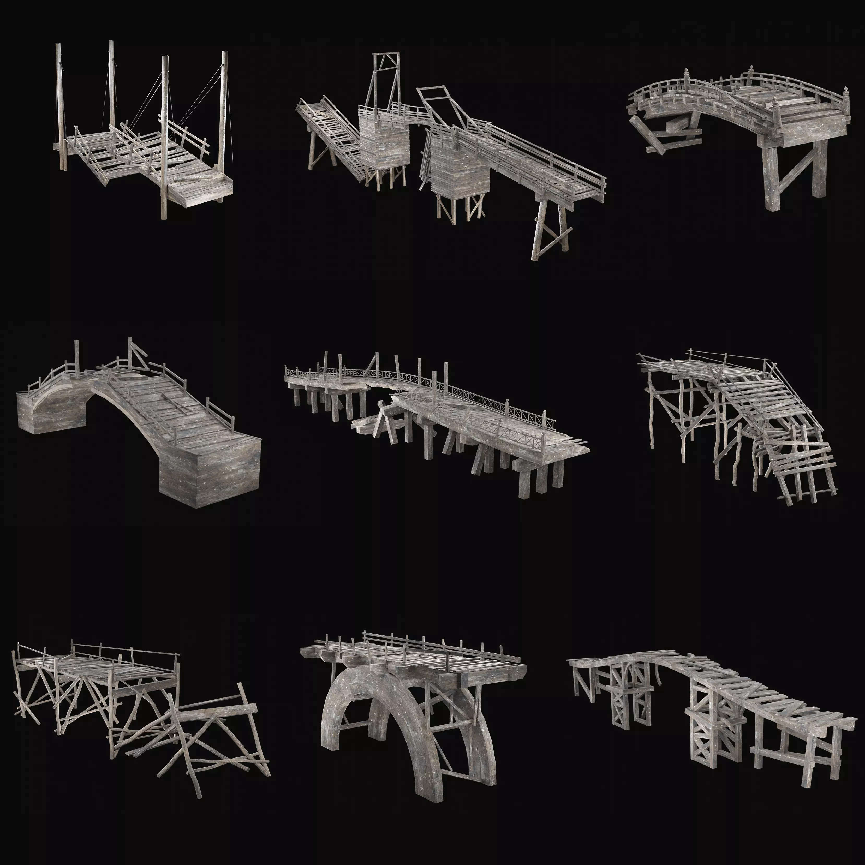 DESTROYED WOODEN BRIDGE MEDIEVAL FANTASY ROAD OLD COLLECTION Low-poly 3D model_0