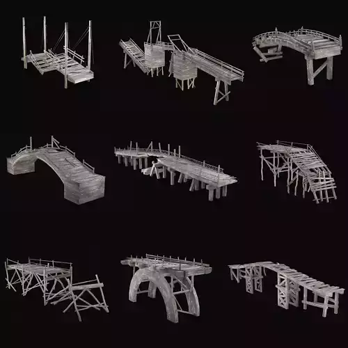 DESTROYED WOODEN BRIDGE MEDIEVAL FANTASY ROAD OLD COLLECTION Low-poly 3D model