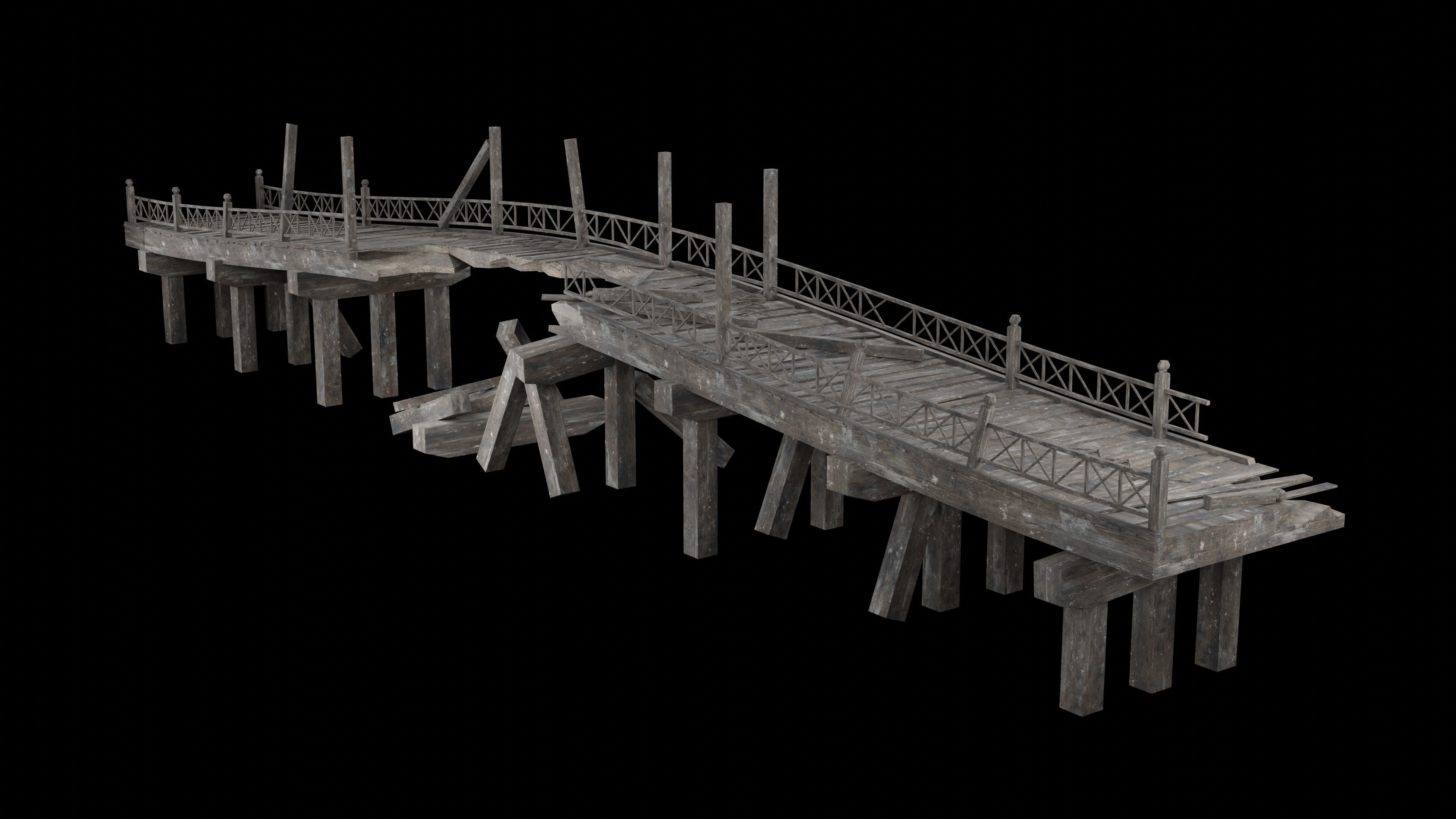 DESTROYED WOODEN BRIDGE MEDIEVAL FANTASY ROAD OLD COLLECTION Low-poly 3D model_5