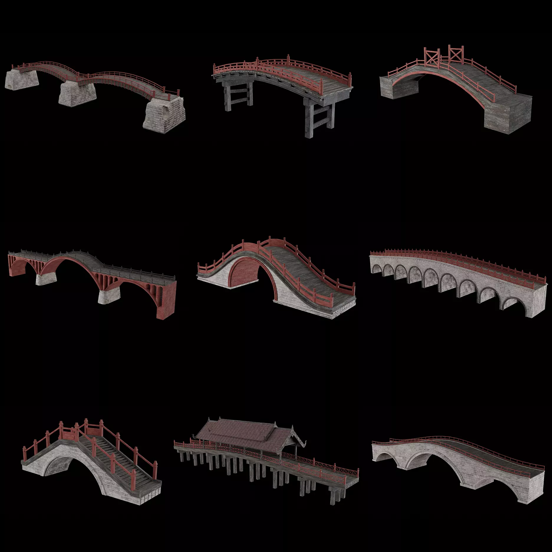 JAPAN JAPANESE ASIAN ORIENTAL TEMPLE CITY BRIDGE COLLECTION Low-poly 3D model_0