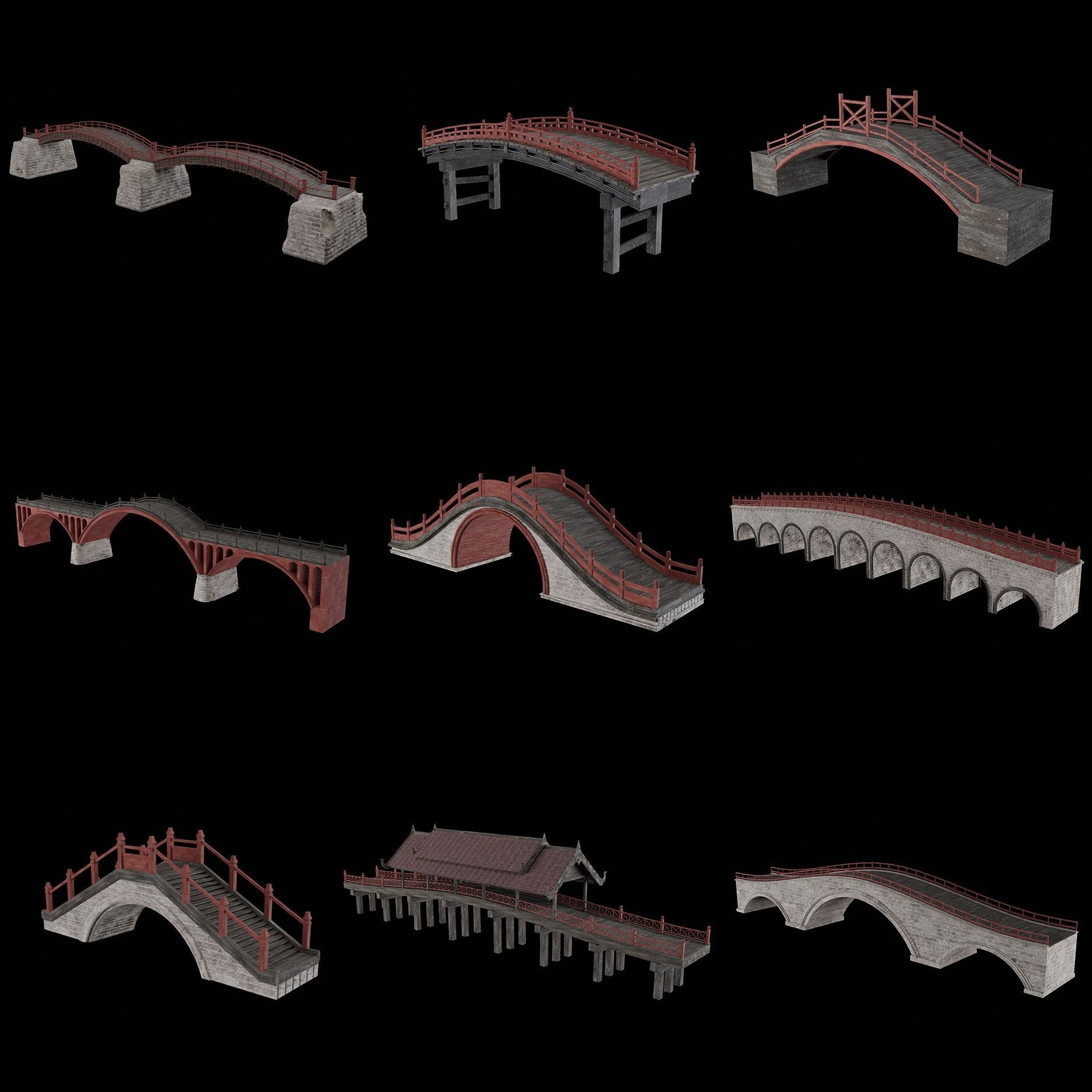 JAPAN JAPANESE ASIAN ORIENTAL TEMPLE CITY BRIDGE COLLECTION Low-poly 3D model_39