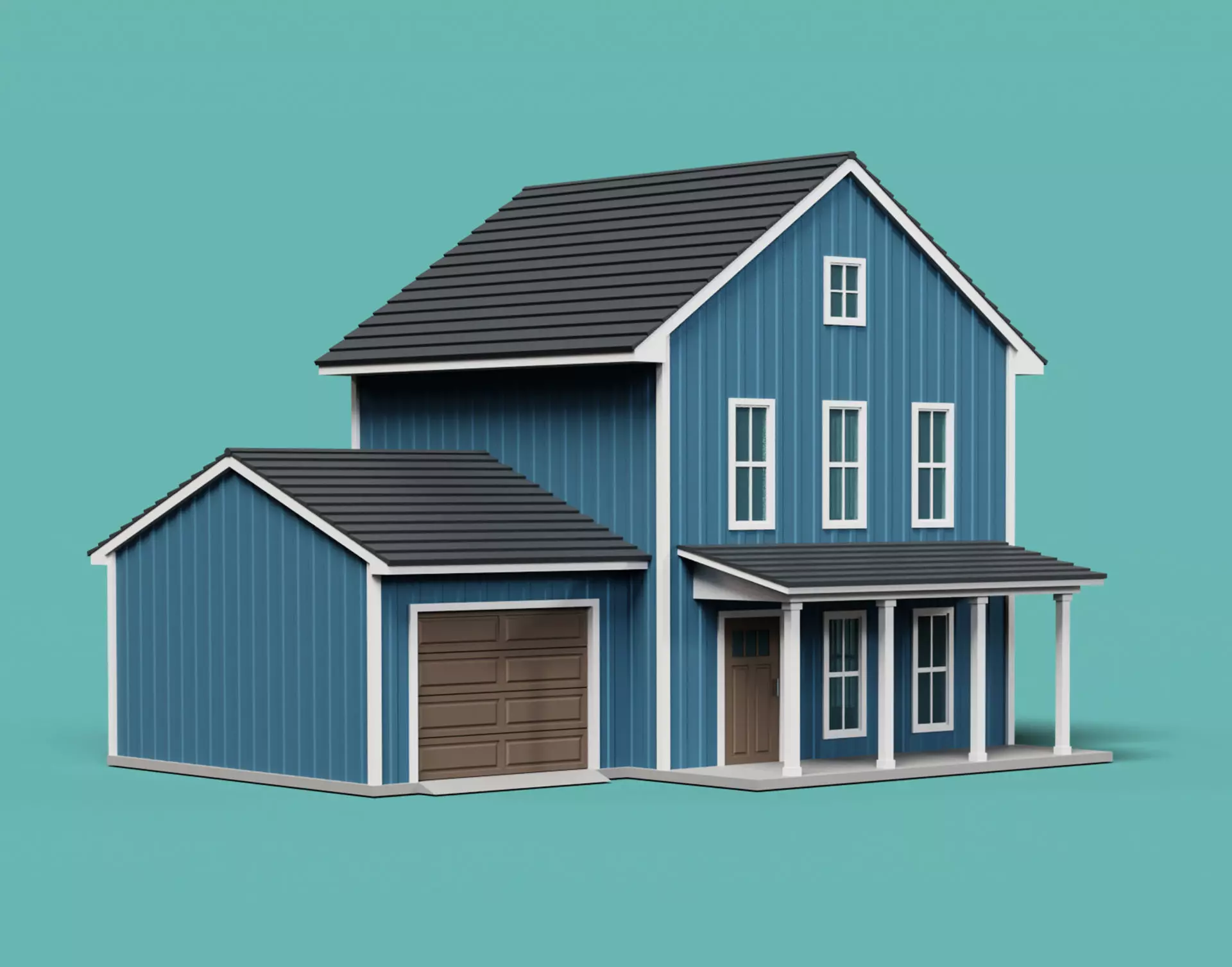 Classic American Country House with Porch Low-poly 3D model_0