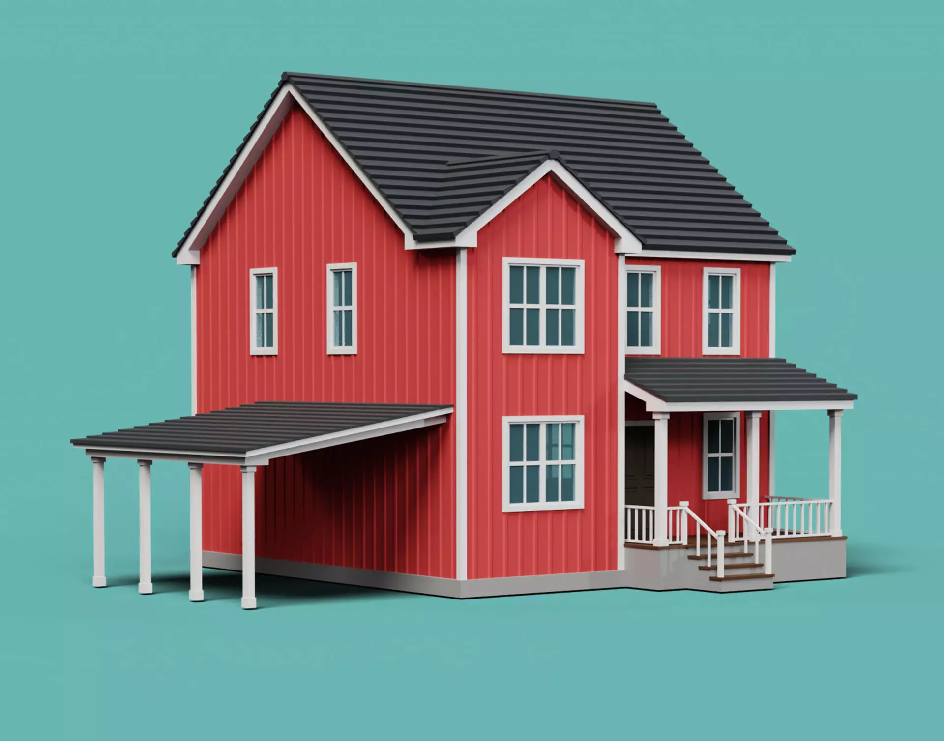 Classic American Country House with Porch Low-poly 3D model_0