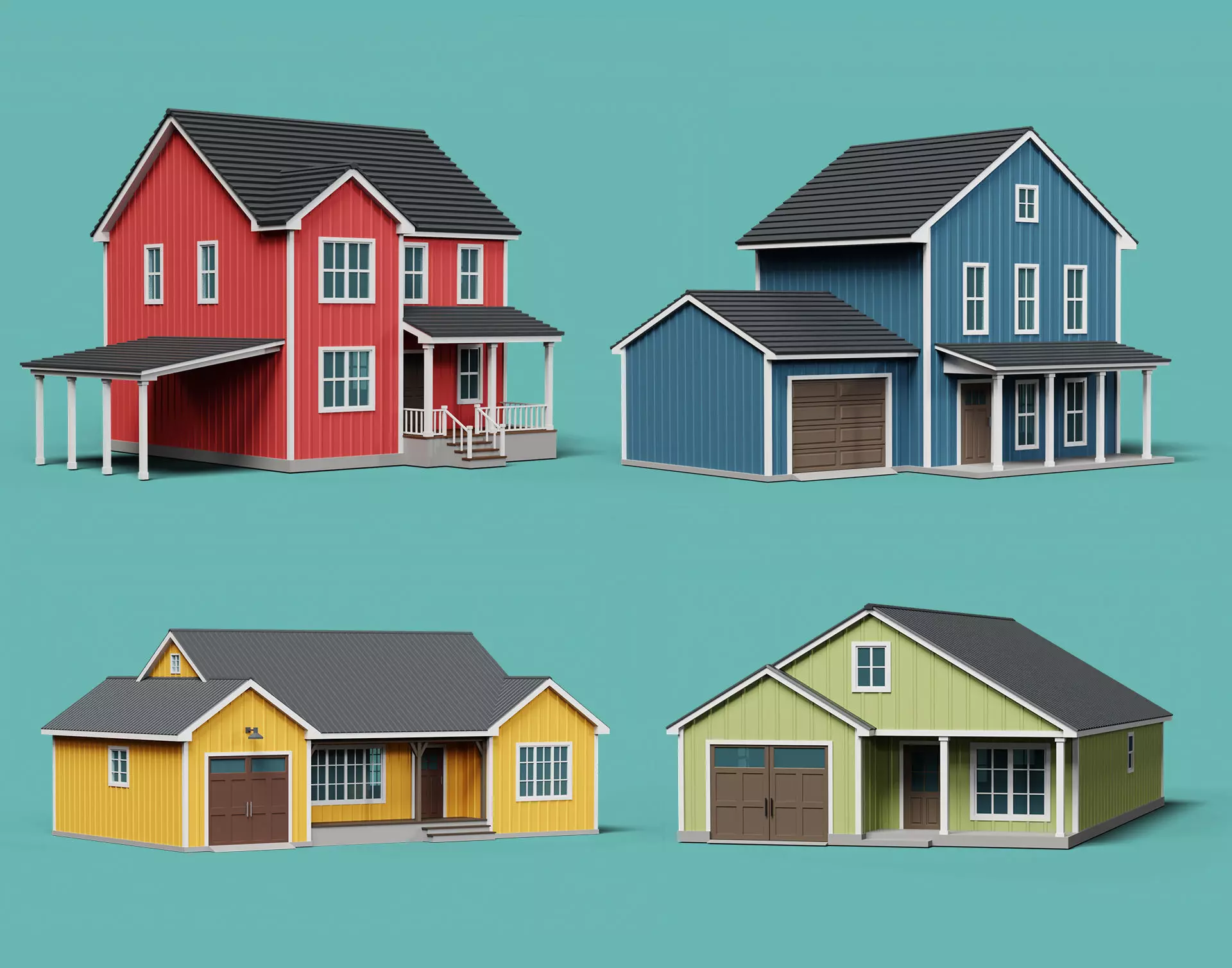 Classic American Country Houses Set 3D Model Collection_0