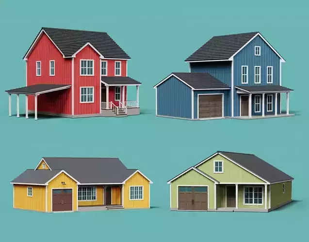 Classic American Country Houses Set 3D Model Collection