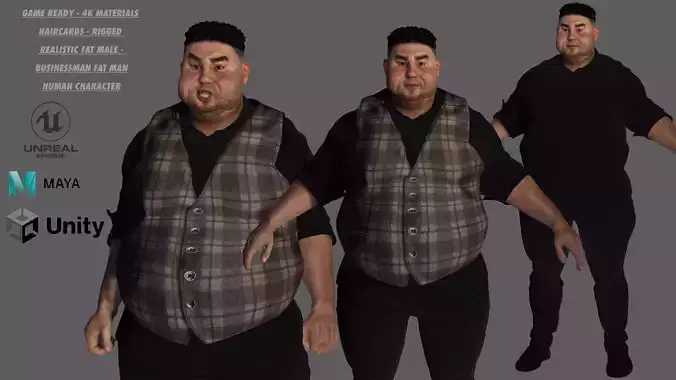 AAA 3D REALISTIC FAT MALE BUSINESSMAN 3-RIG GAME READY CHARACTER Low-poly 3D model