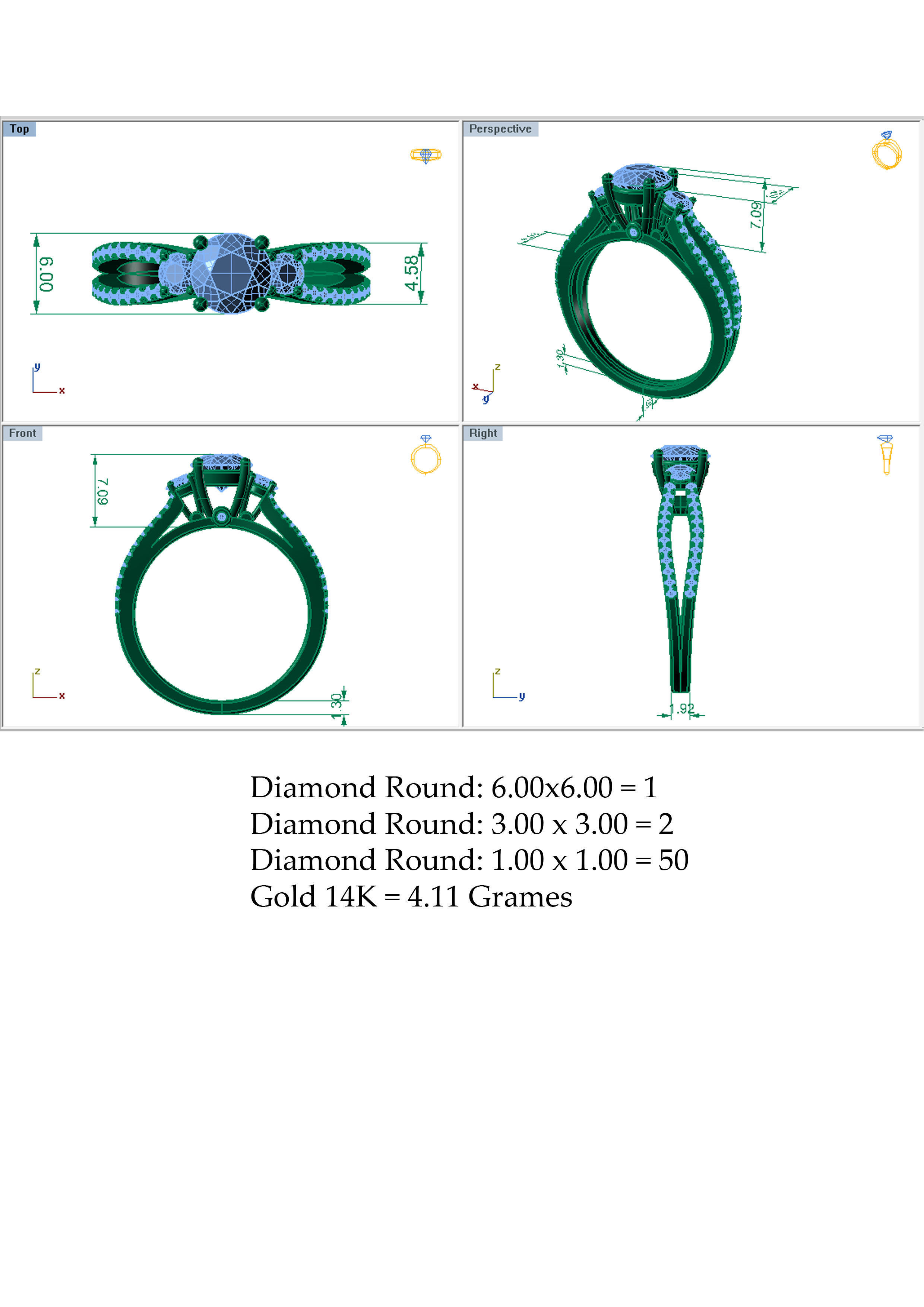 Pav Three Stone Ring 3D print model_4