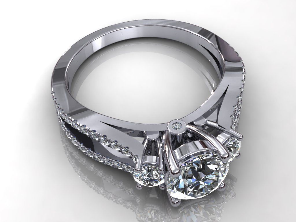 Pav Three Stone Ring 3D print model_3