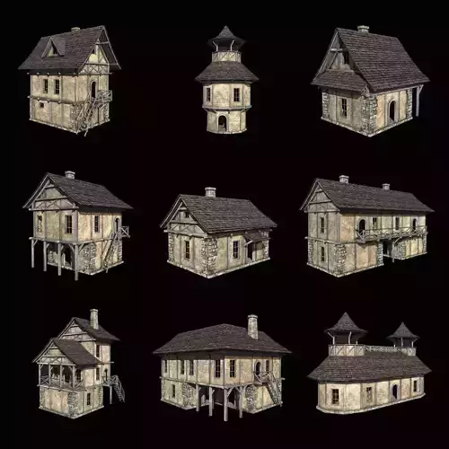 FANTASY MEDIEVAL HOUSE HUT BUILDING CITY TOWN VILLAGE COLLECTION Low-poly 3D model