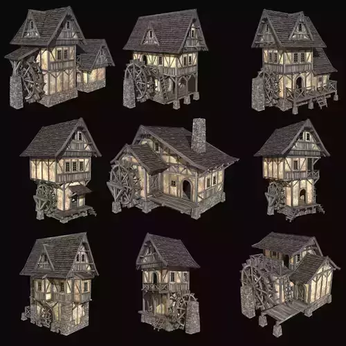  FANTASY WATERMILL MEDIEVAL BUILDING HOUSE HUT TOWN COLLECTION Low-poly 3D model