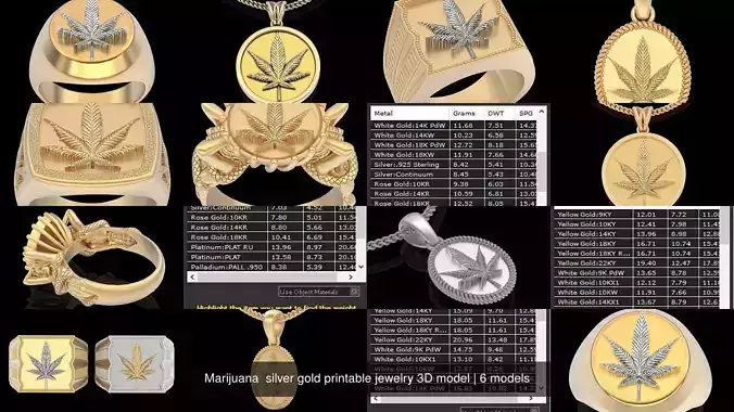 Marijuana  silver gold printable jewelry 3D model 3D Model Collection