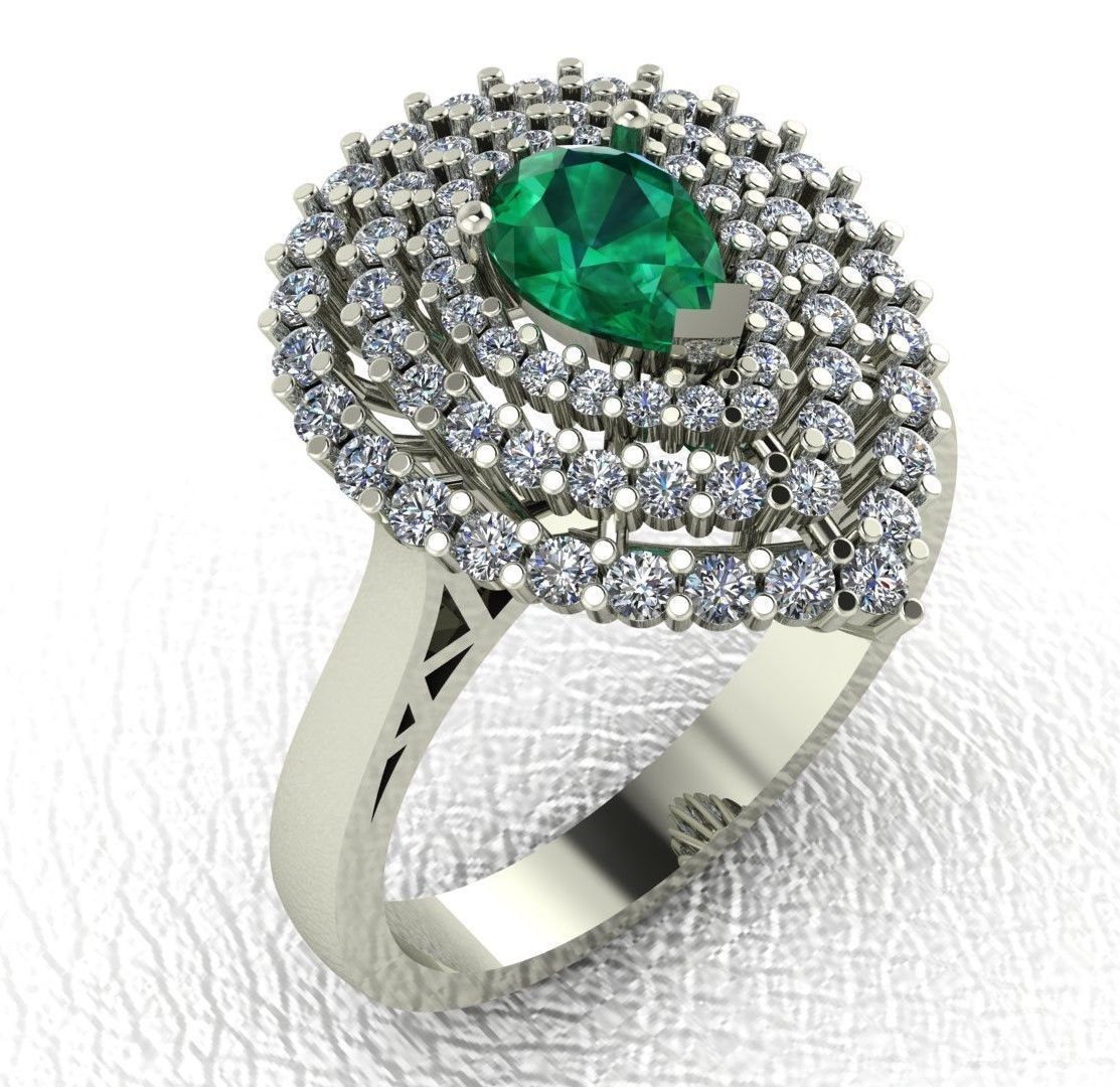 Pear Shape Emerald with Round Diamonds Ring  3D print model_1