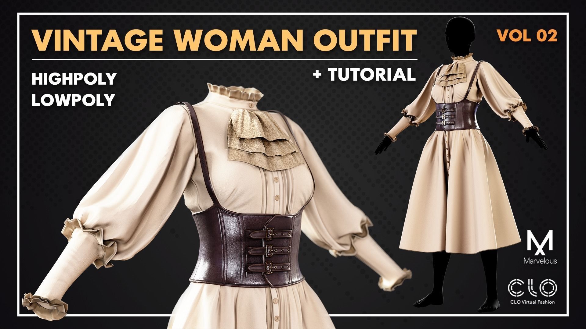 Low Poly Vintage Women outfit 02 Low-poly 3D model_2